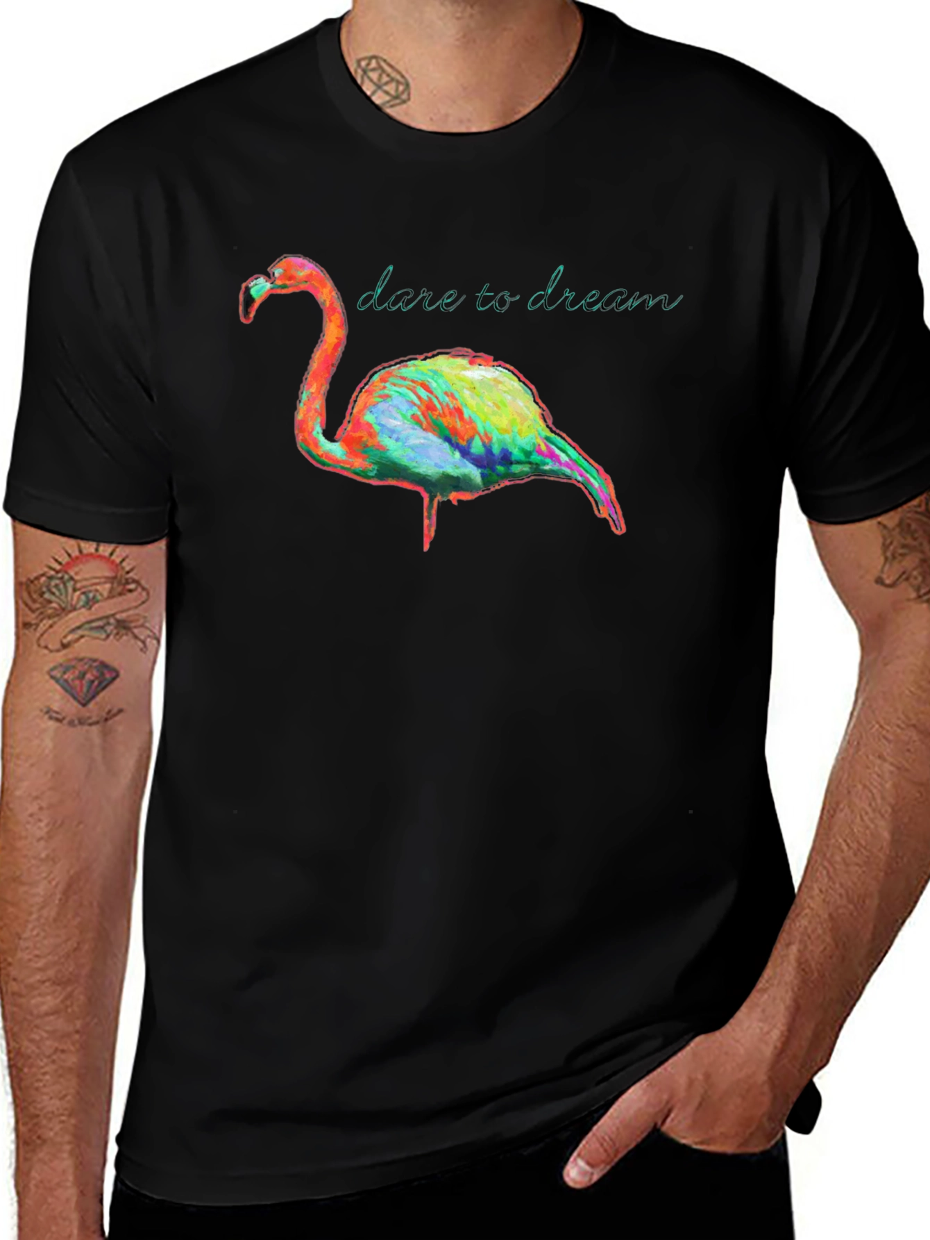 Variant 23 of Dare to Dream Flamingo Graphic Tee - Black Cotton Comfort