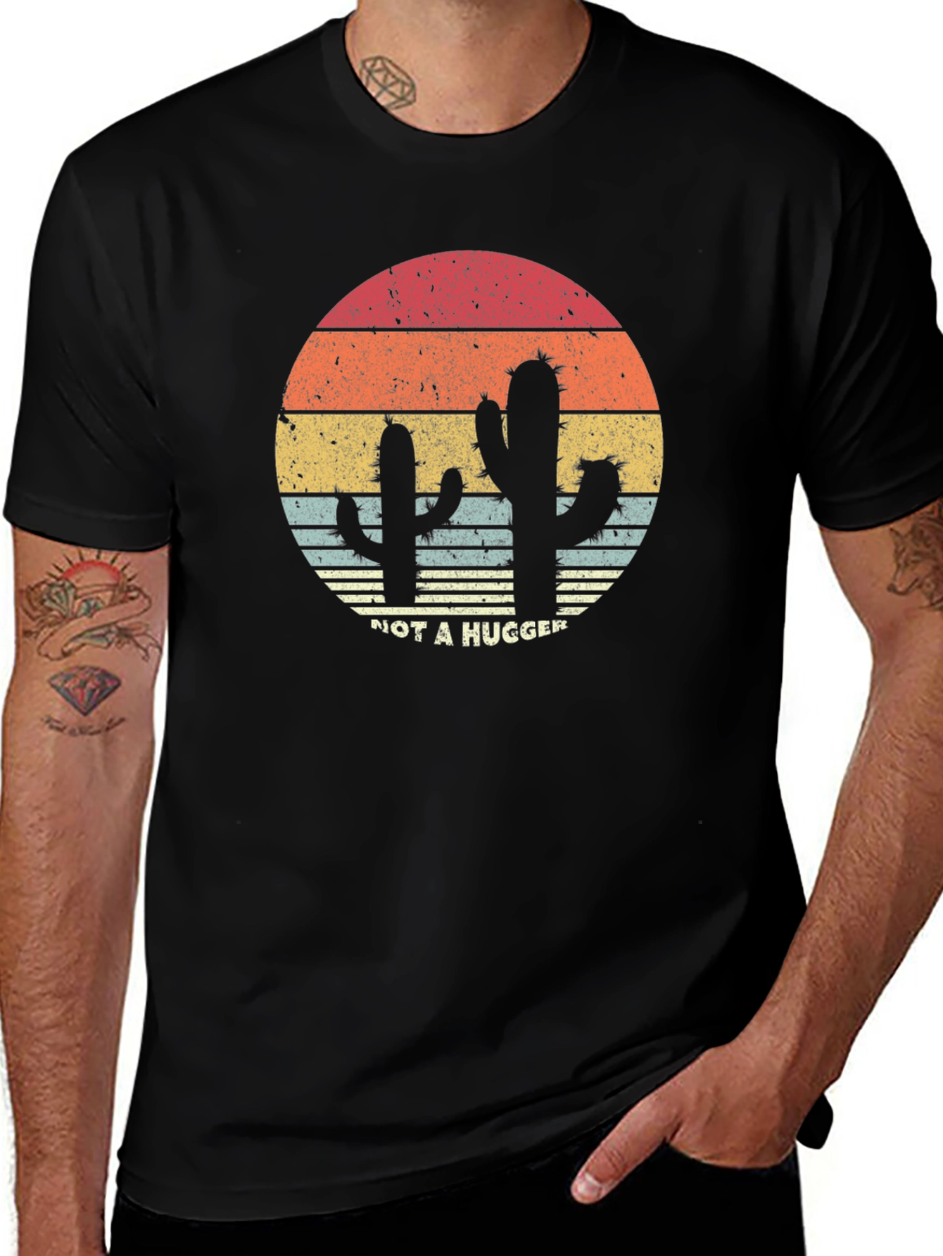 Variant 20 of Retro Cactus Graphic Tee - Not a Hugger Black T-Shirt
