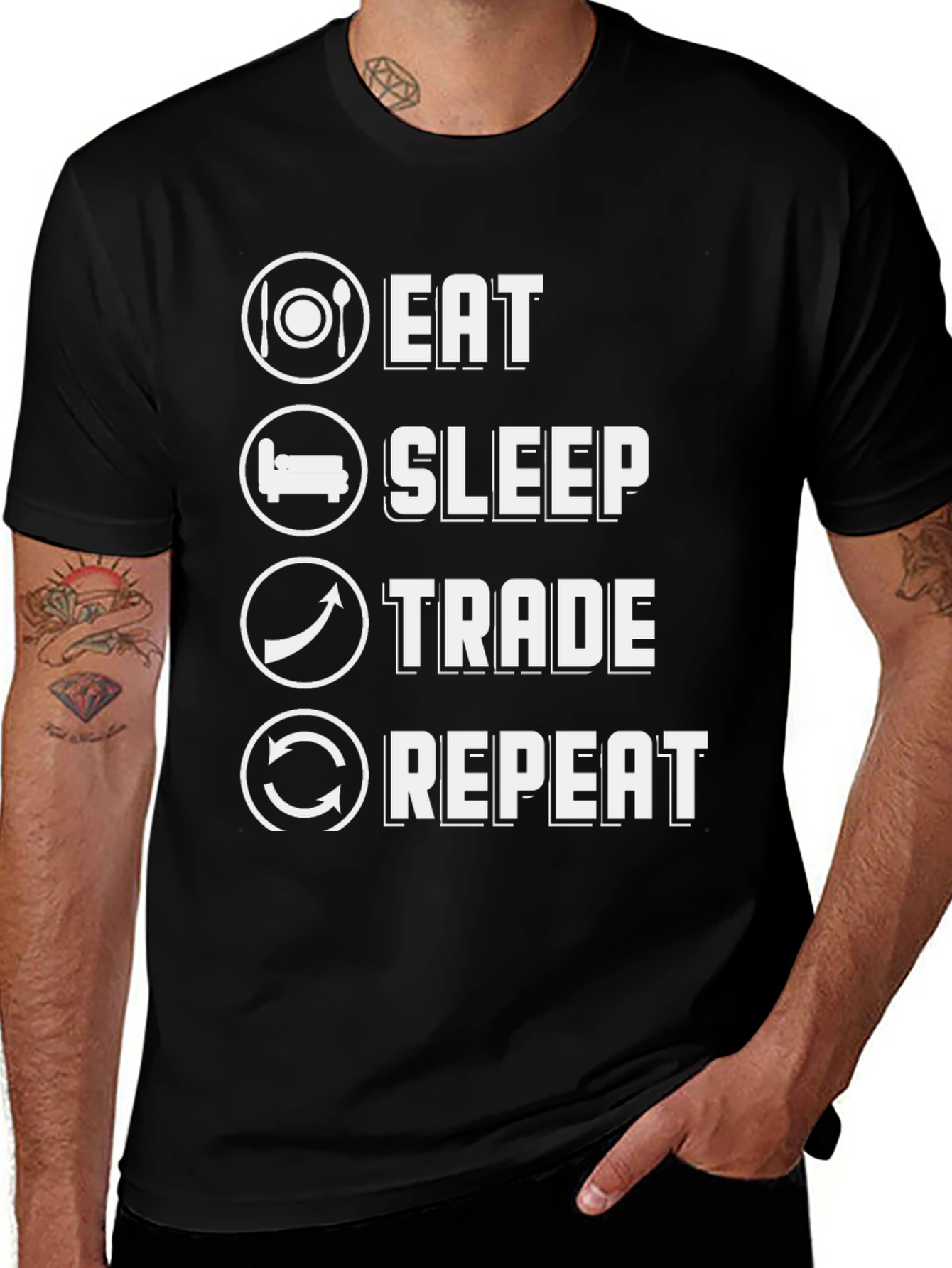 Variant 11 of Eat Sleep Trade Repeat Graphic Tee - Black Cotton T-Shirt
