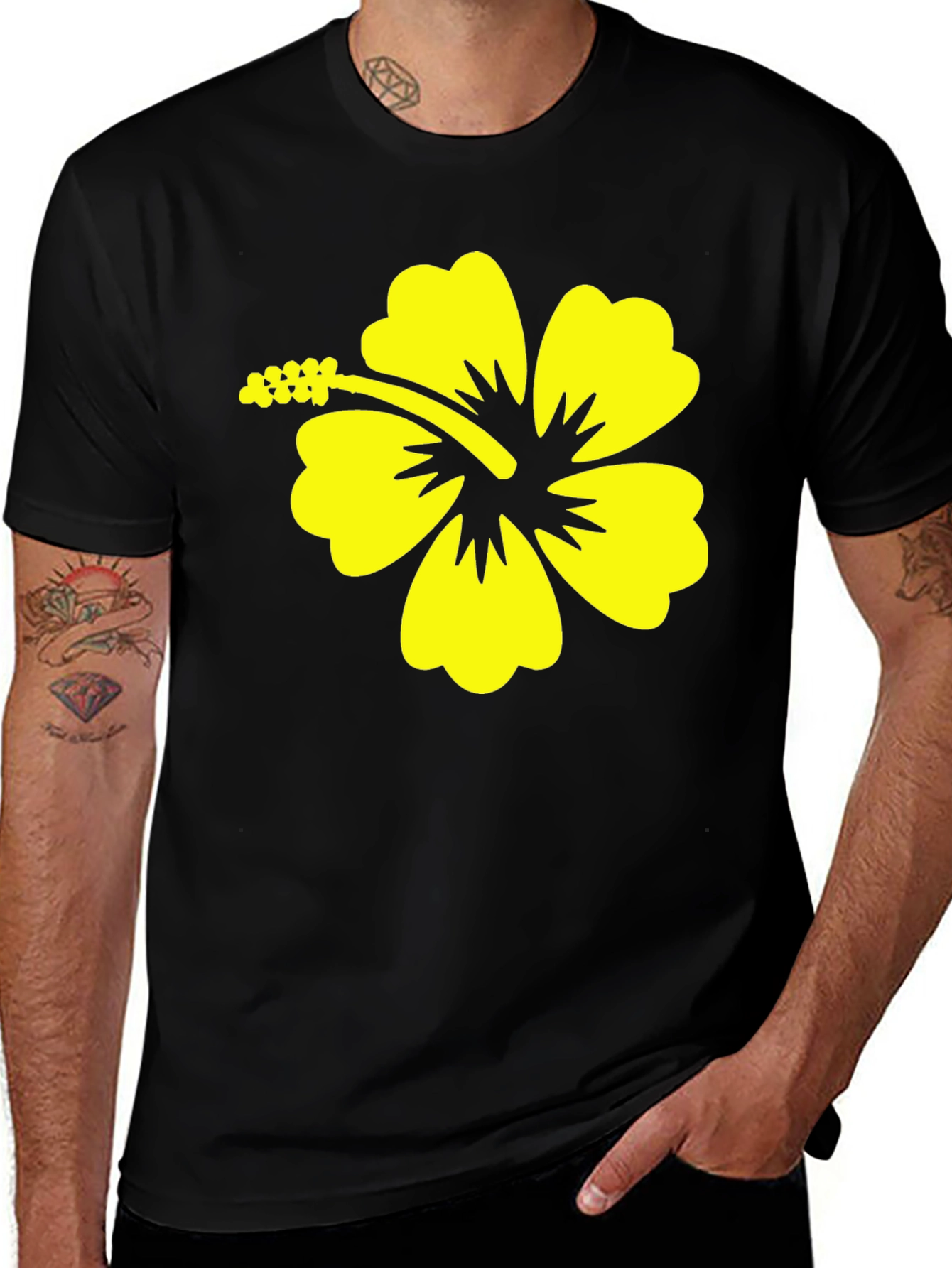 Variant 13 of Black T-Shirt with Yellow Hibiscus Flower Graphic