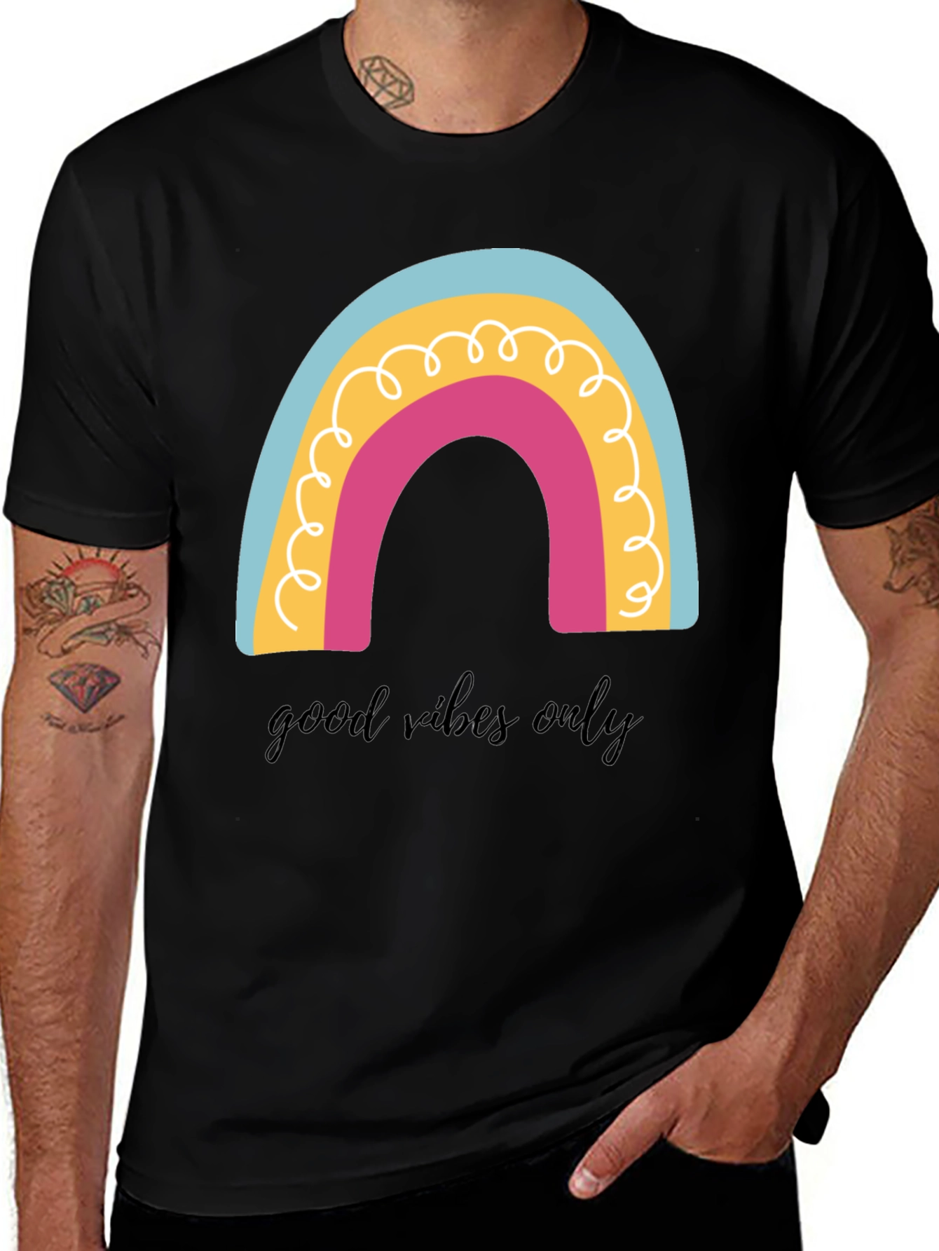 Variant 27 of Good Vibes Only Rainbow Graphic Tee - Black Cotton