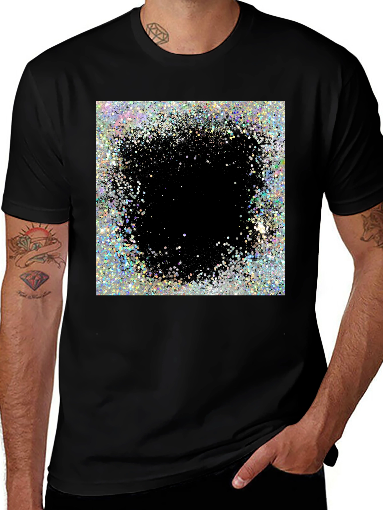 Stylish Black T-Shirt with Glitter Square Design