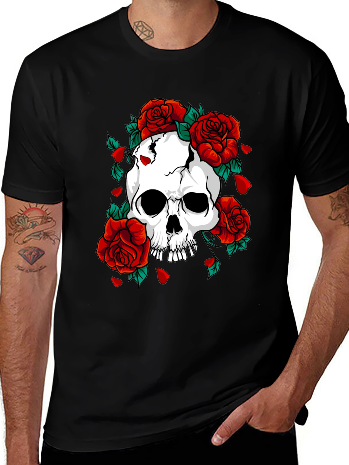Variant 3 of Skull & Roses Graphic Print Black T-Shirt