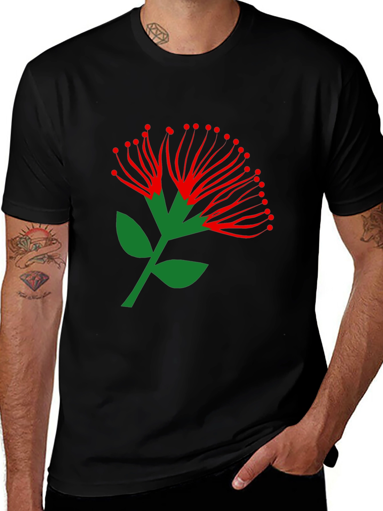 Variant 13 of Pohutukawa Flower Graphic Tee - Black Cotton T-Shirt