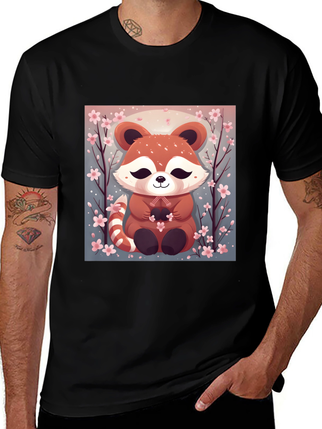 Variant 9 of Cute Red Panda Cherry Blossom Black T-Shirt