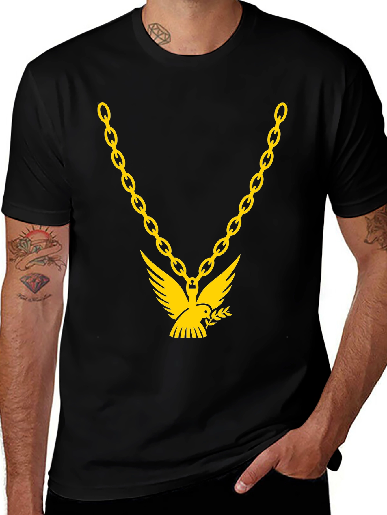 Variant 26 of Men's Black T-Shirt with Gold Chain & Dove Graphic