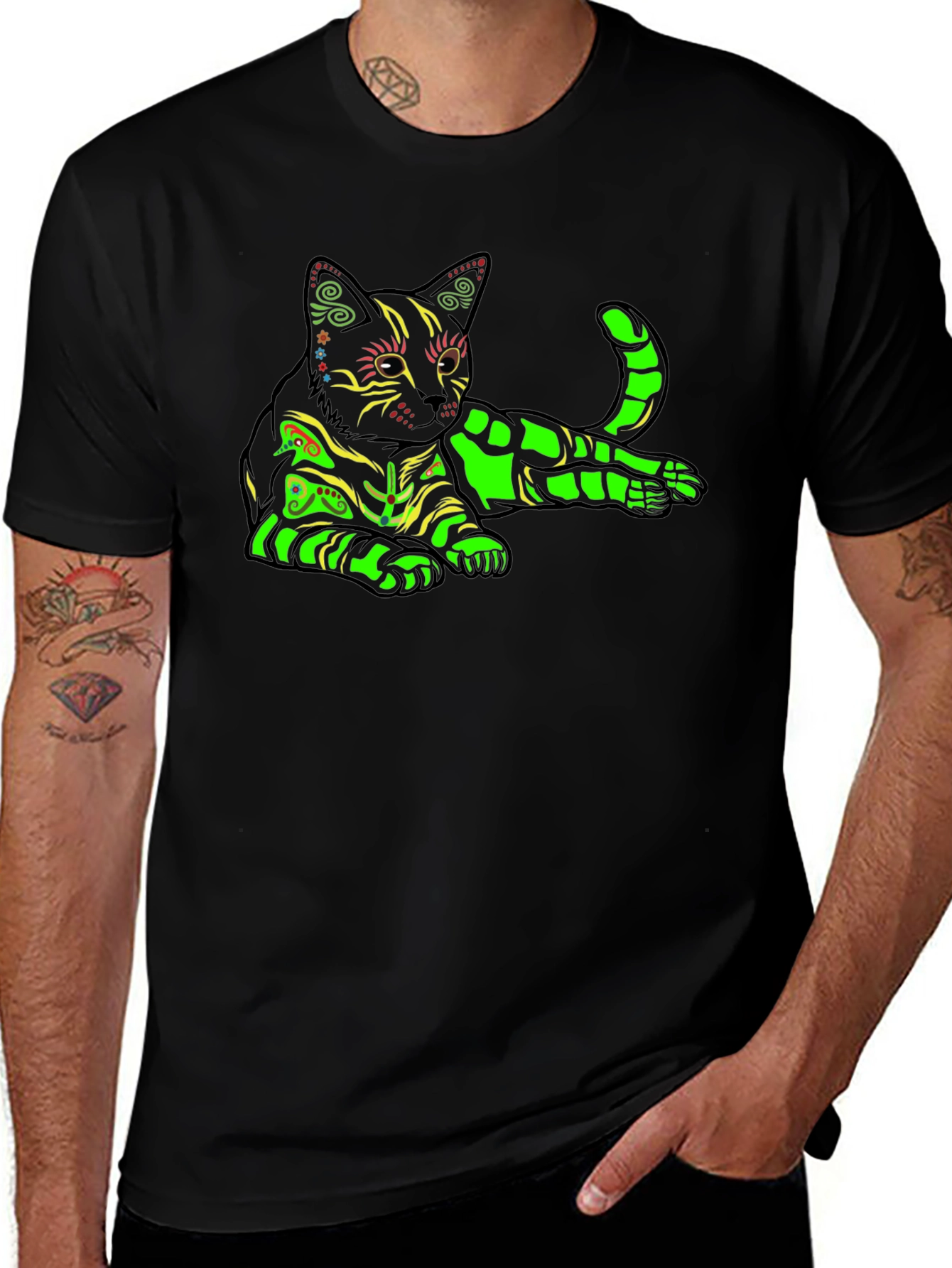 Variant 24 of Neon Cat Graphic T-Shirt - Black