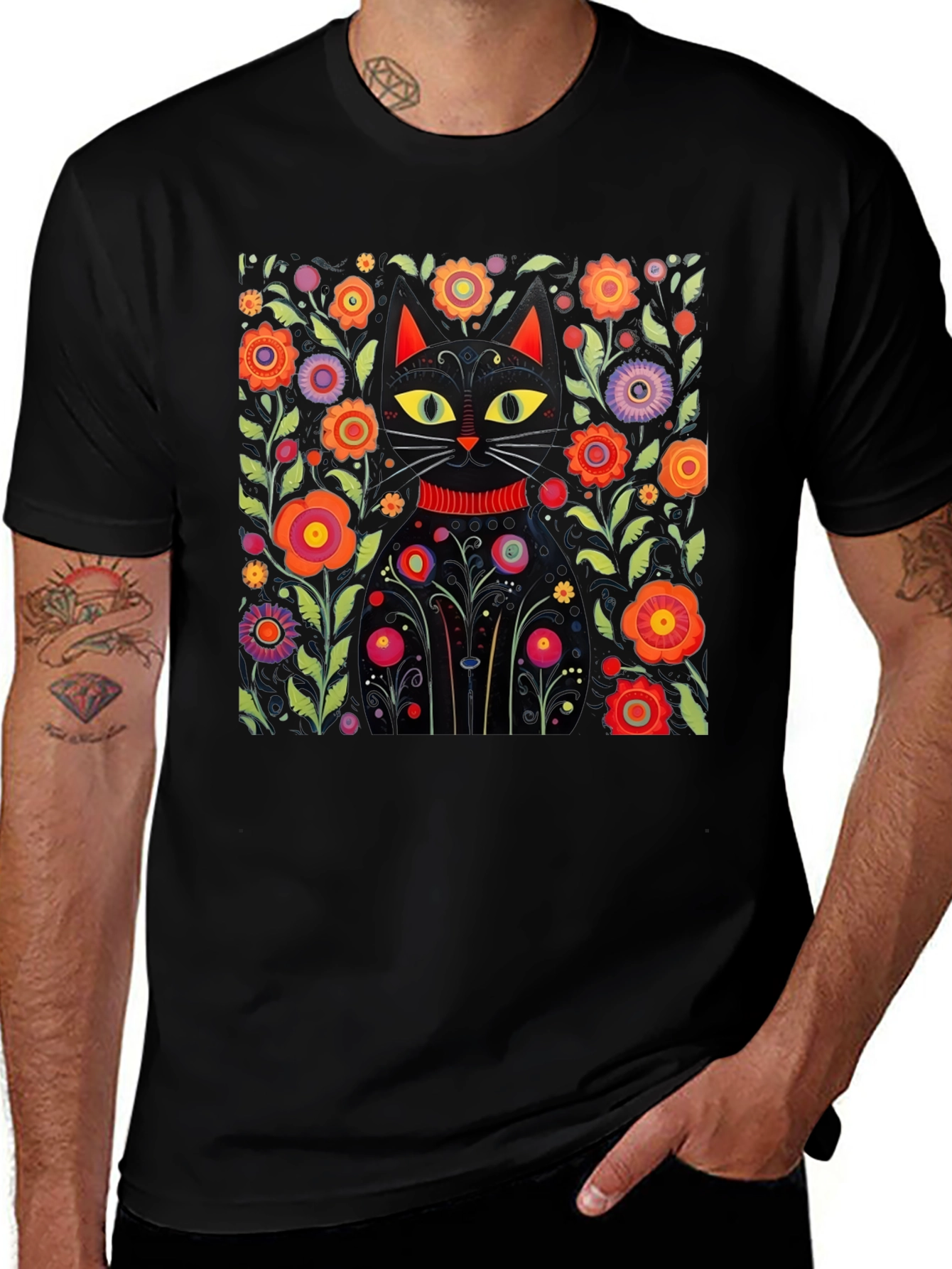 Variant 22 of Floral Cat Graphic Black T-Shirt