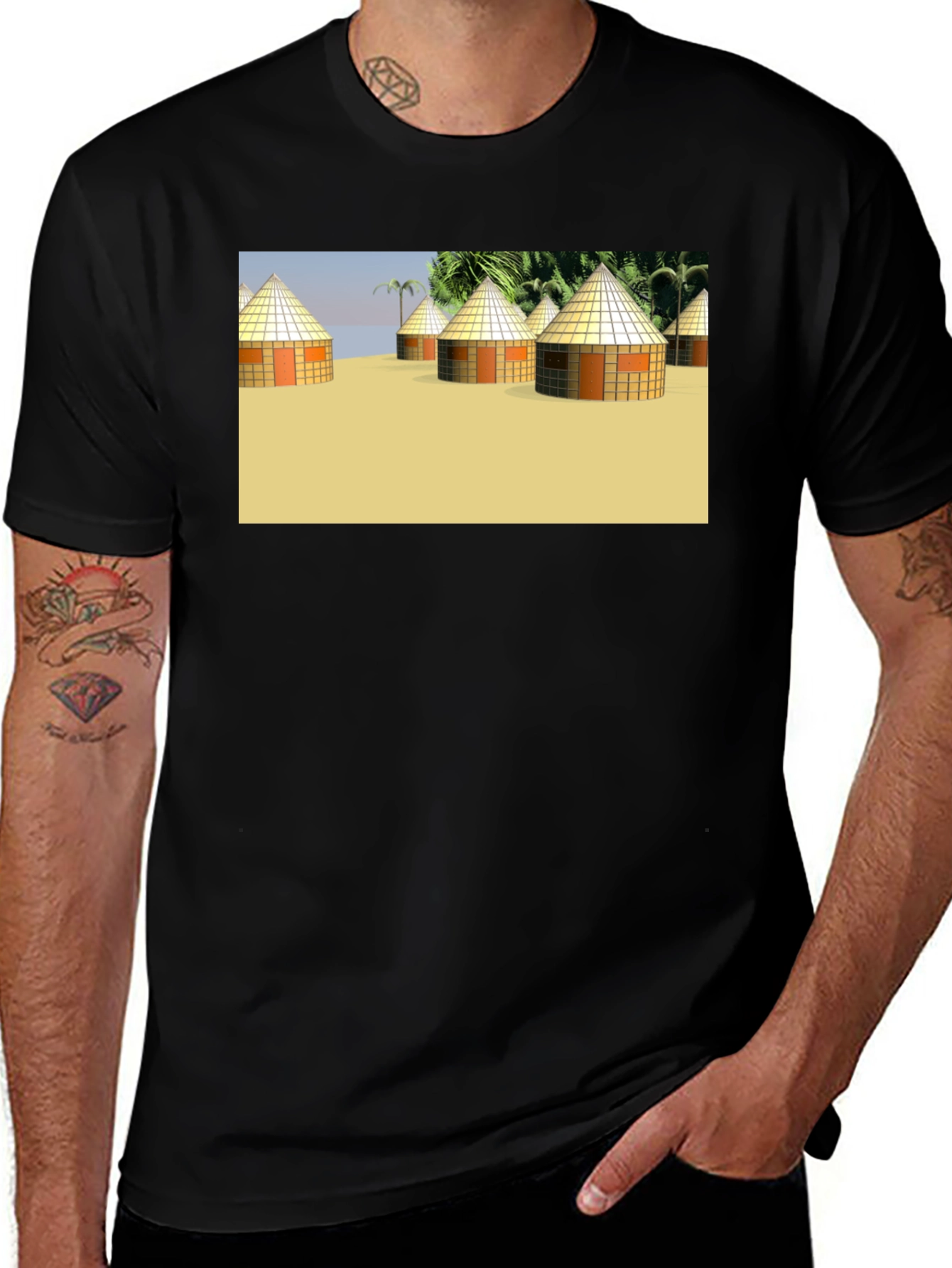 Variant 4 of Island Hut Graphic Tee - Black Unisex T-Shirt