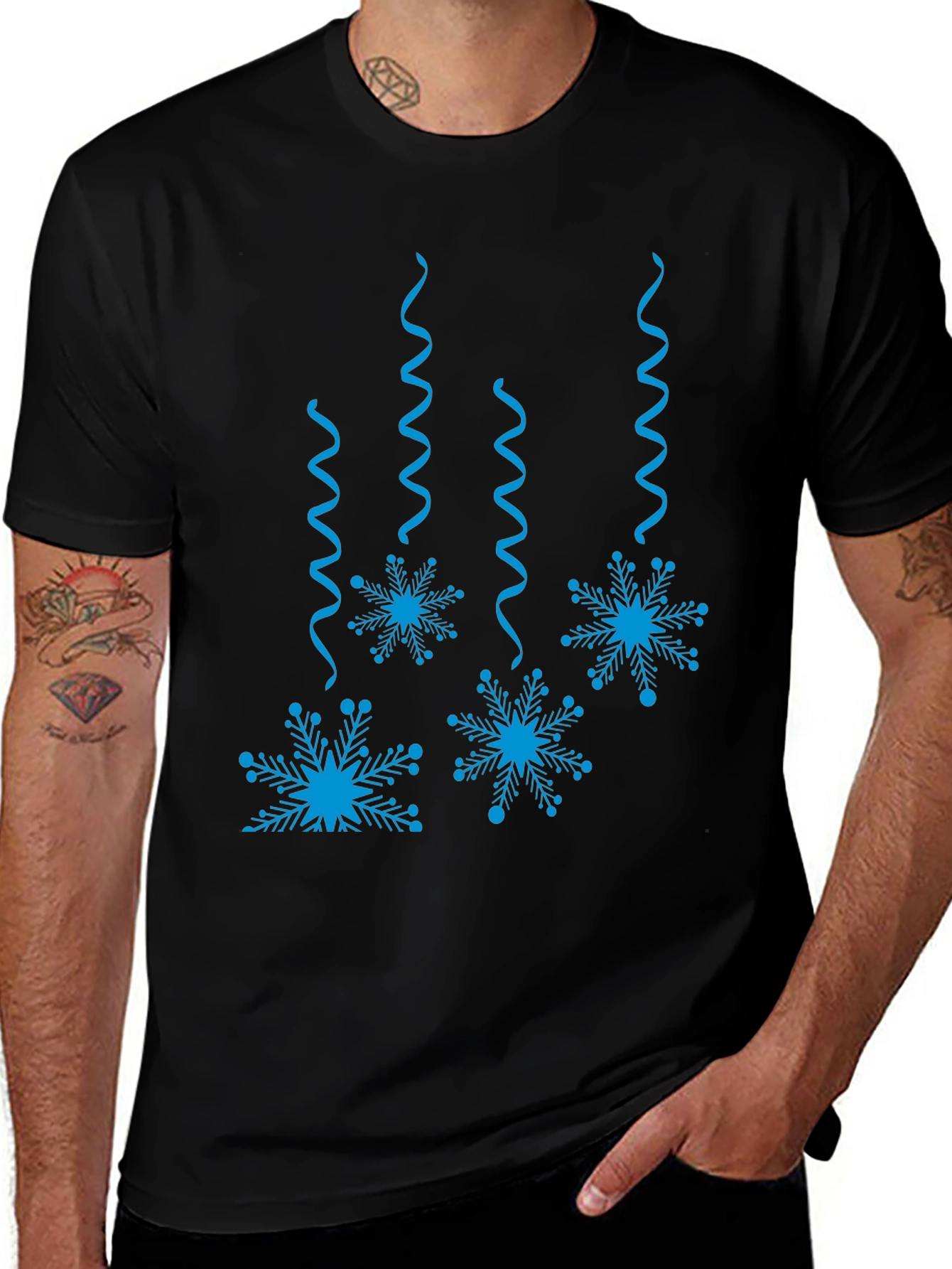 Variant 22 of Snowflake T-Shirt - Black Tee with Blue Festive Winter Design
