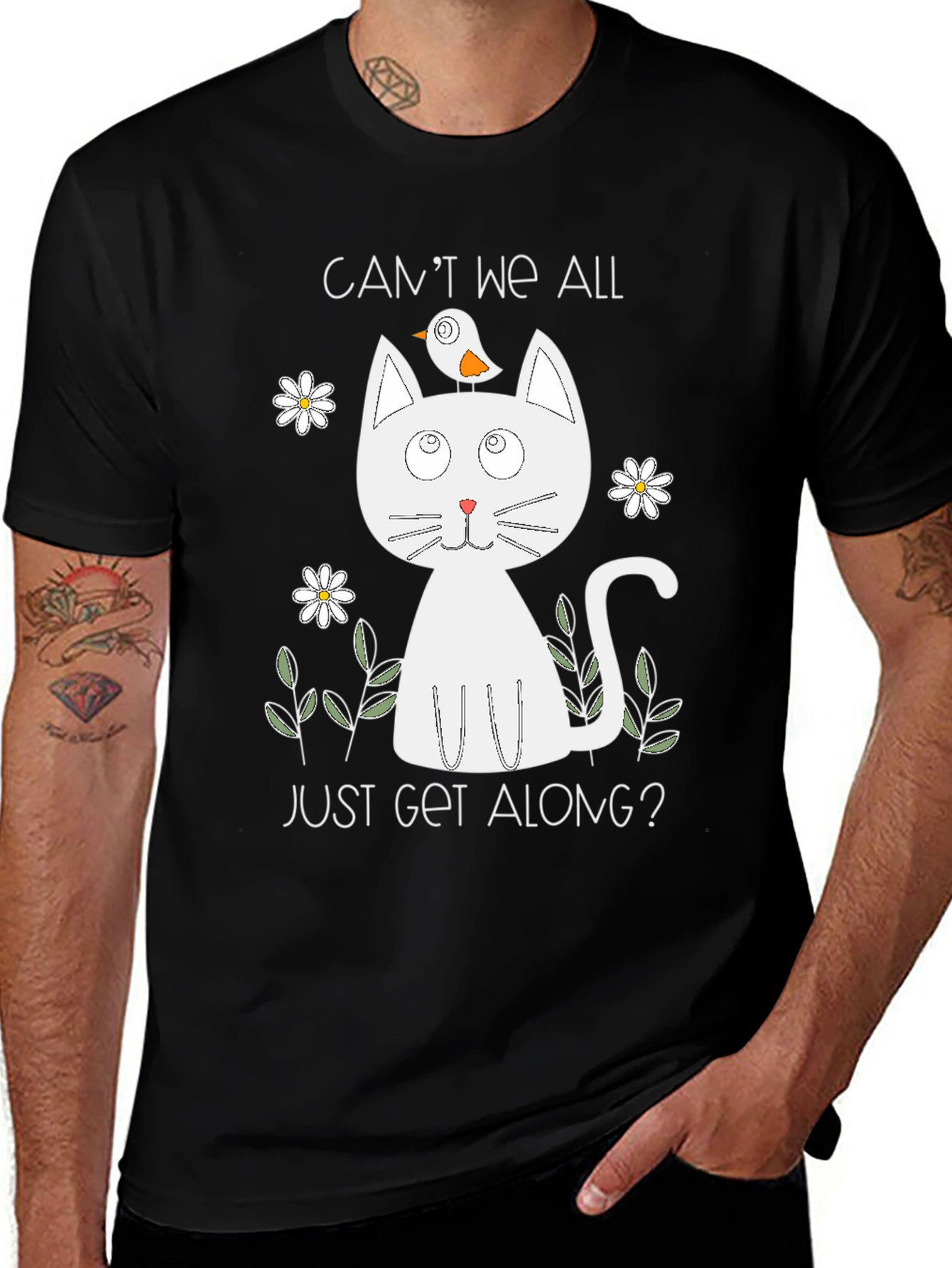 Variant 25 of Cute Cat & Bird Graphic Tee - Can't We All Just Get Along?
