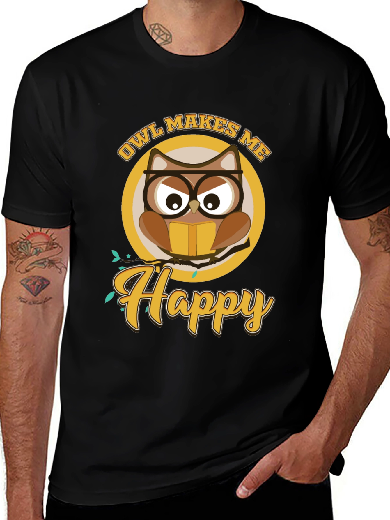 Variant 25 of Owl Makes Me Happy Black T-Shirt