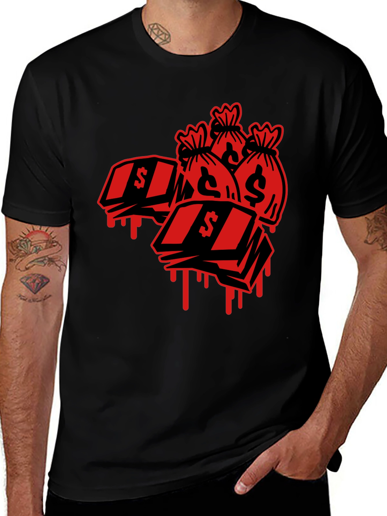 Variant 16 of Money Bags T-Shirt - Black with Red Graphic