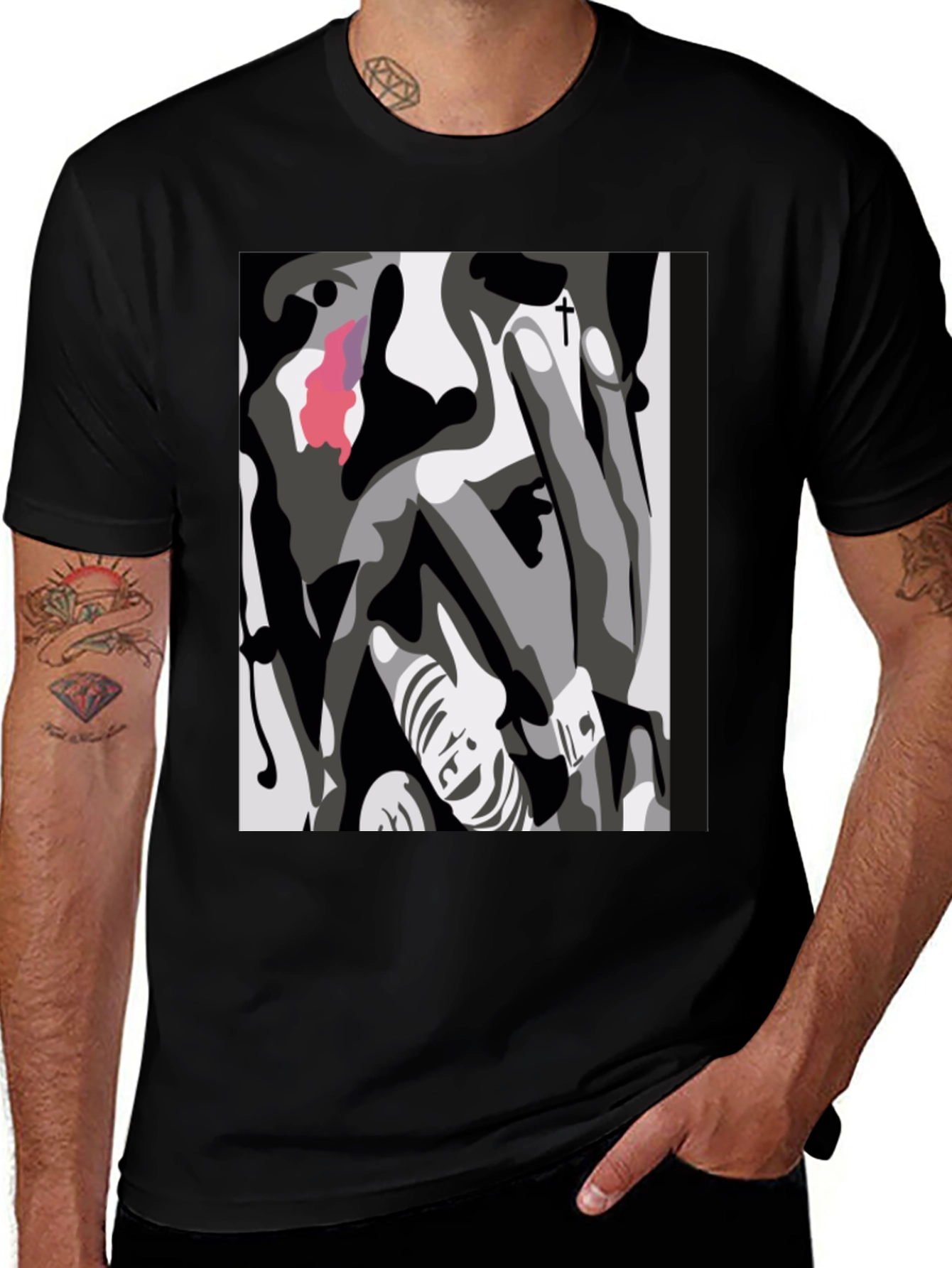Variant 9 of Abstract Face Graphic Print Black T-Shirt