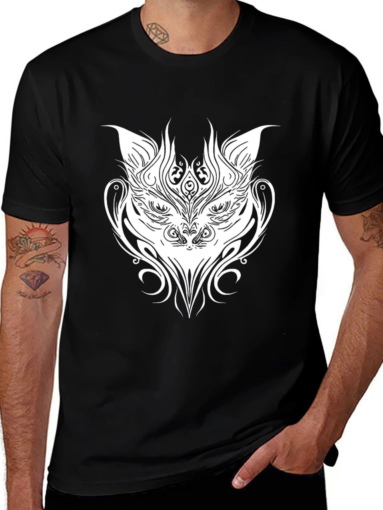 Variant 21 of Tribal Cat Graphic Tee - Black Cotton T-Shirt