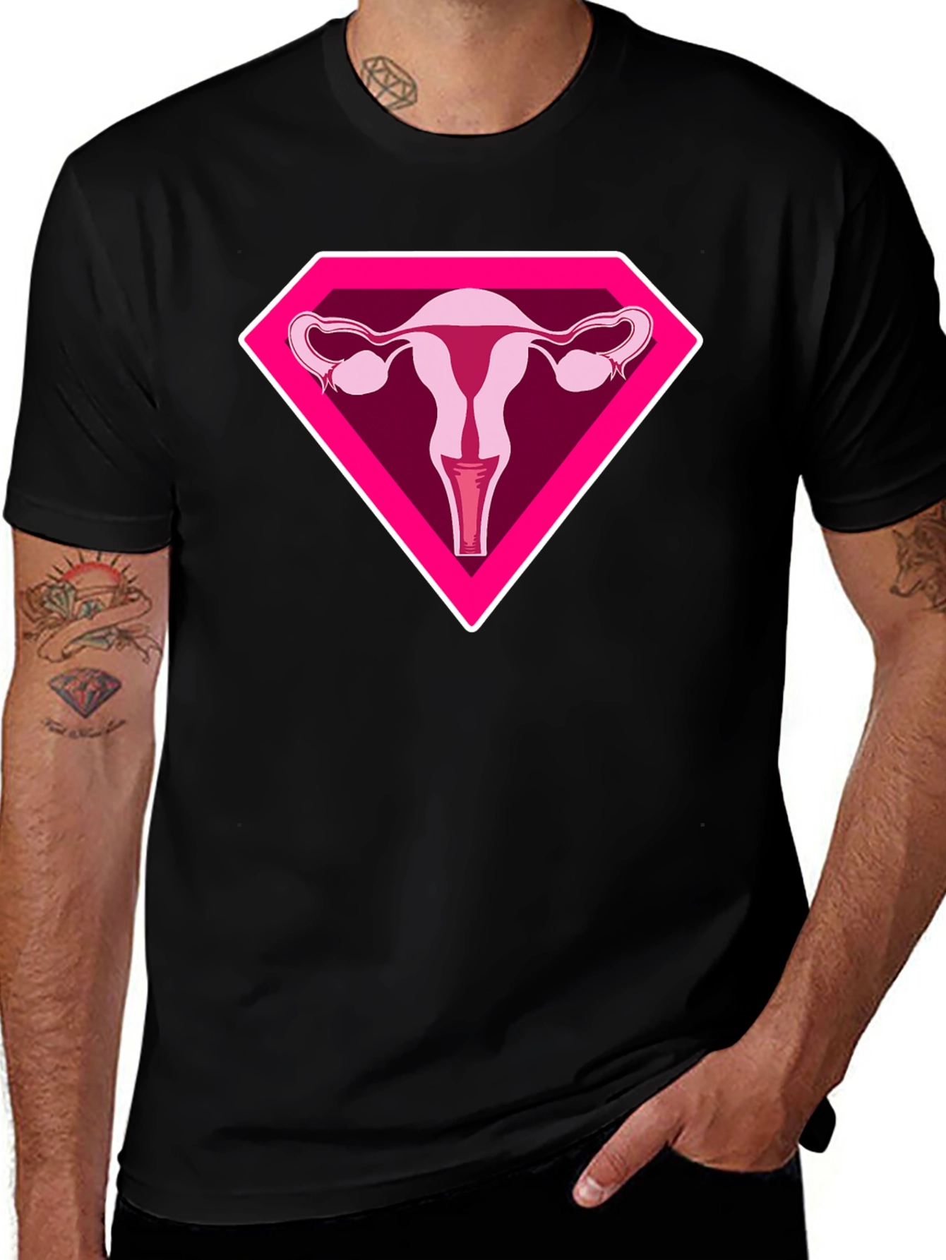 Black Uterus Superhero Graphic Tee - Black Cotton T-Shirt main image