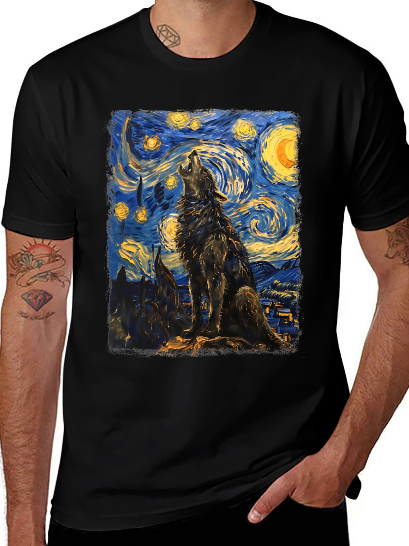 Variant 16 of Starry Night Wolf Graphic Tee - Unique Artistic Design