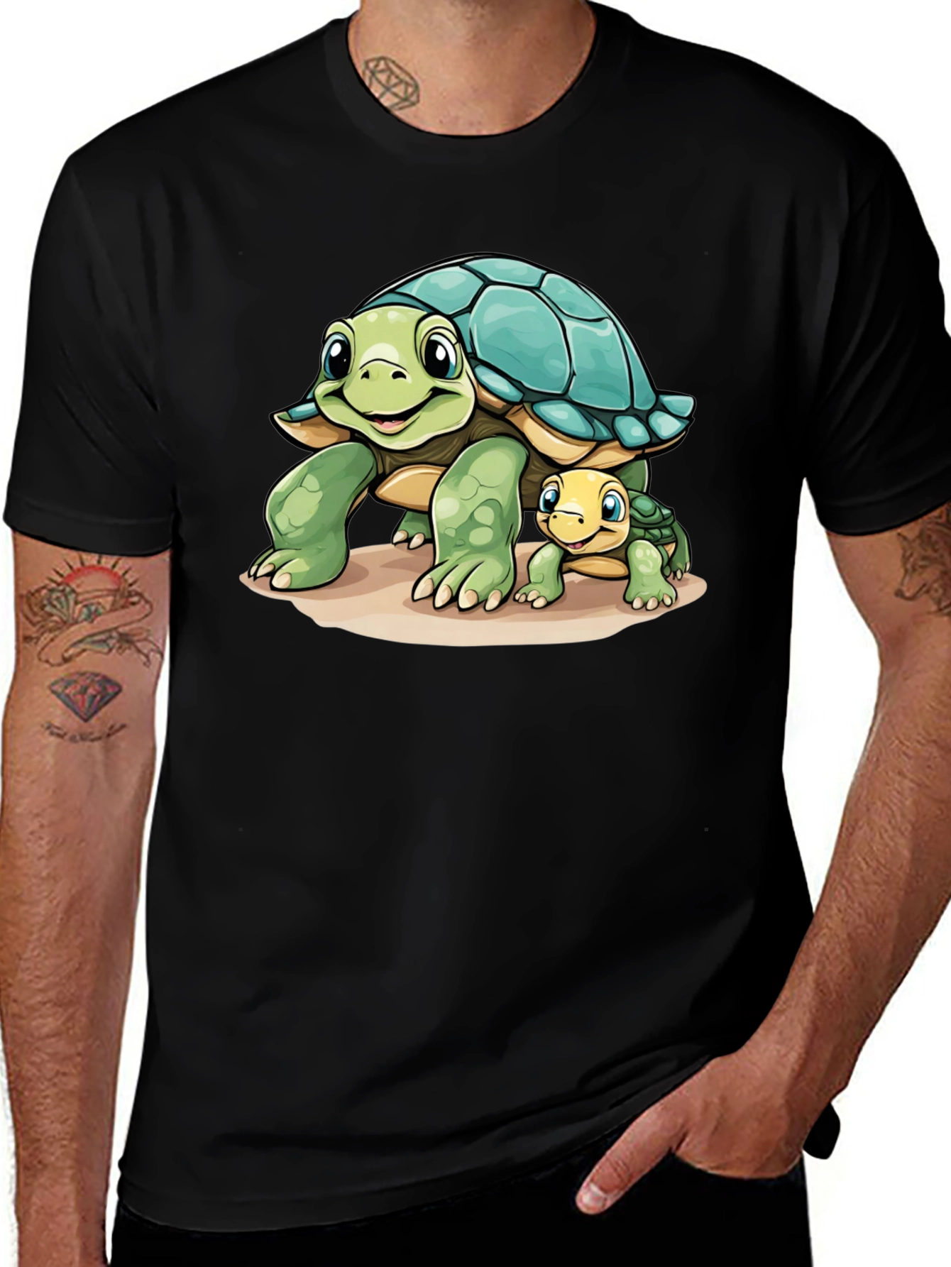 Variant 7 of Cute Turtle Family Graphic Tee - Black Cotton Comfort