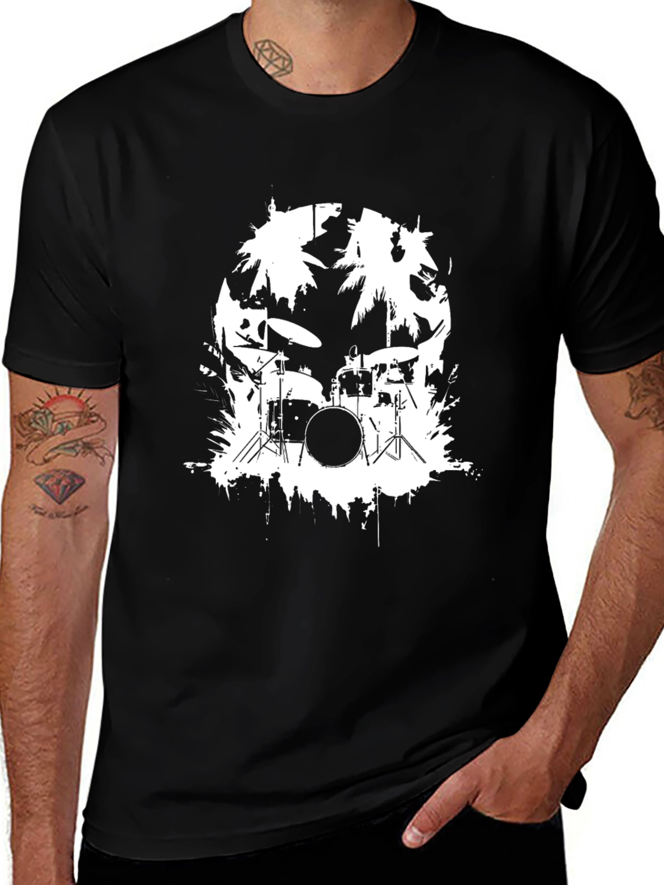 Variant 11 of Black T-Shirt with Drum Kit and Palm Tree Design
