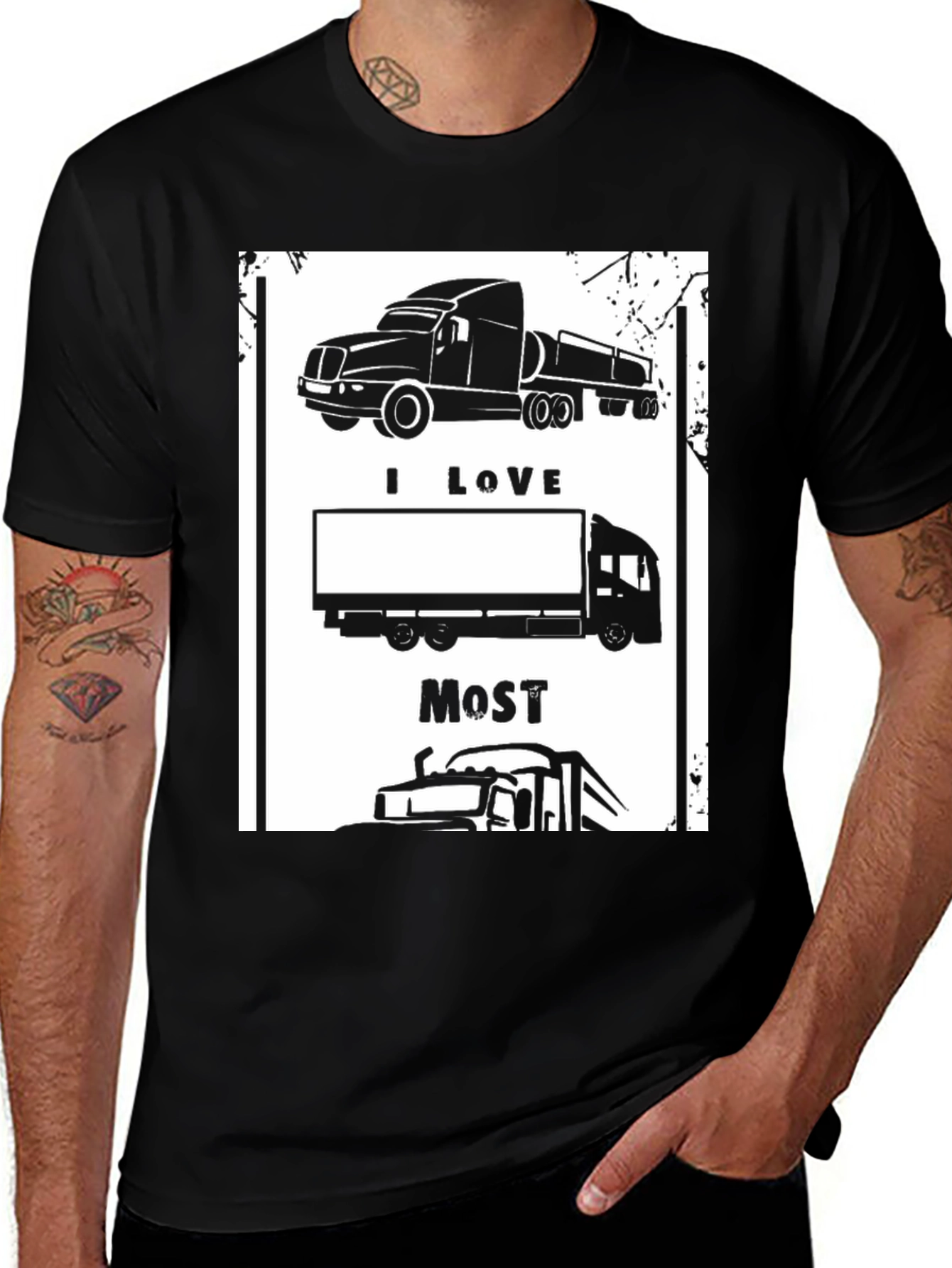 Variant 8 of I Love Trucks Most T-Shirt - Black Cotton Tee
