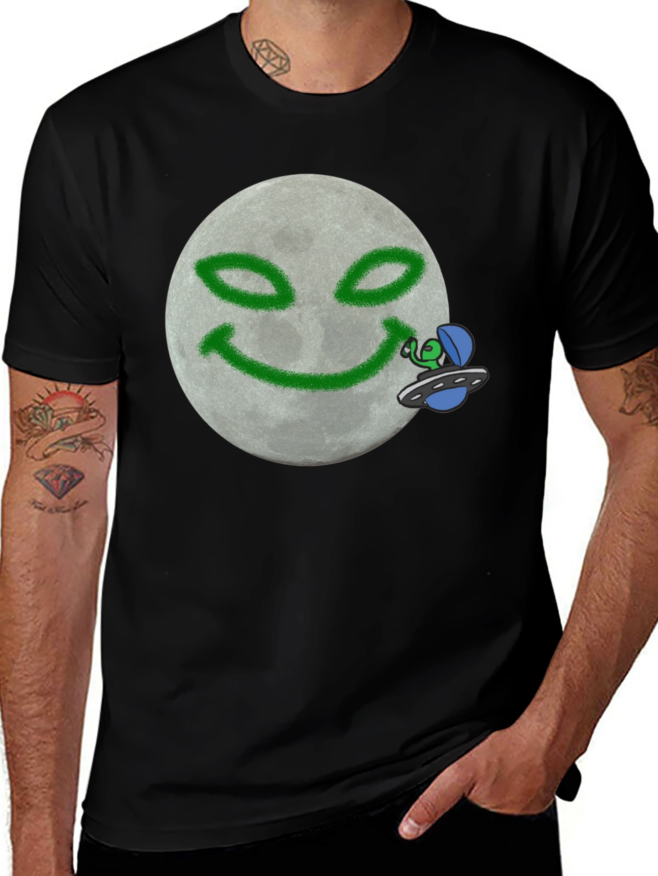 Variant 10 of Smiling Moon Alien T-Shirt - Black Cotton Blend Tee