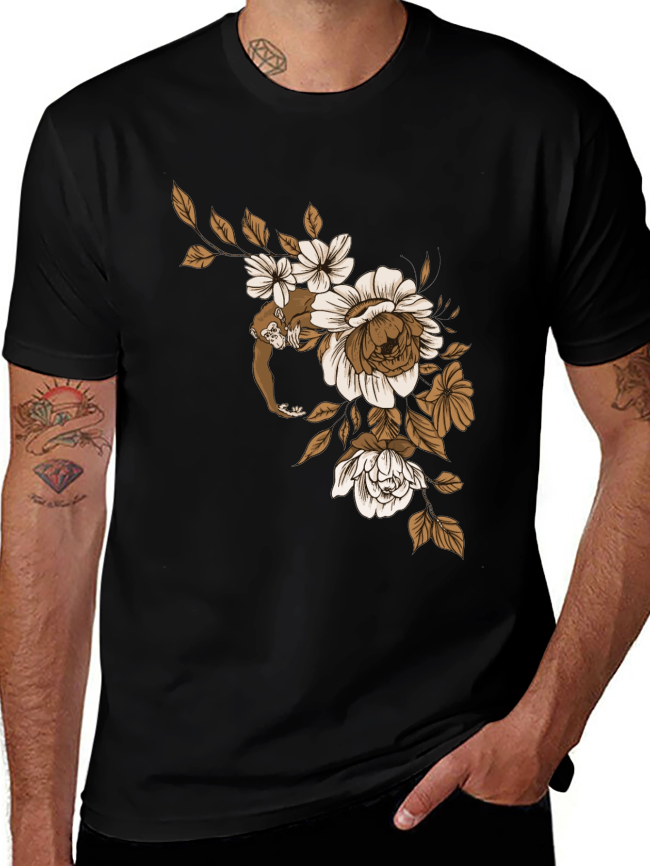 Variant 27 of Monkey Floral Graphic Black T-Shirt