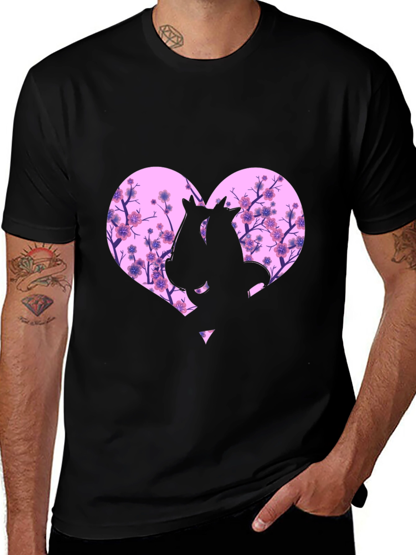 Variant 6 of Floral Heart Cats Graphic Tee - Black