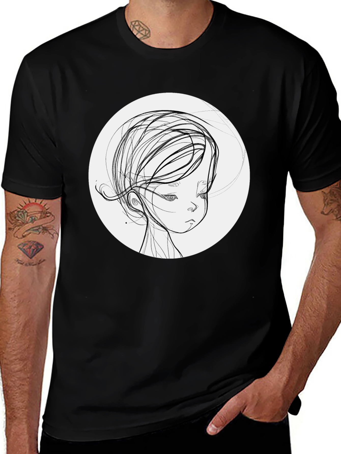 Variant 21 of Abstract Girl Sketch Graphic Tee - Unisex Black T-Shirt
