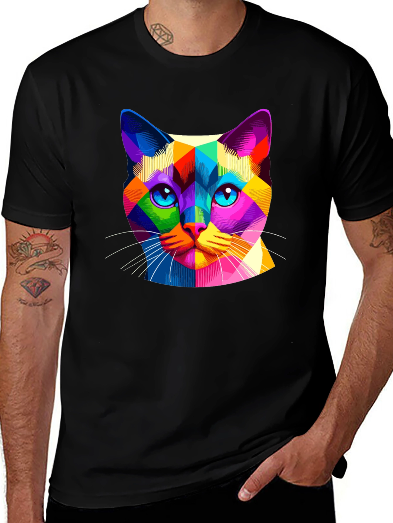 Variant 11 of Colorful Geometric Cat Print Black T-Shirt