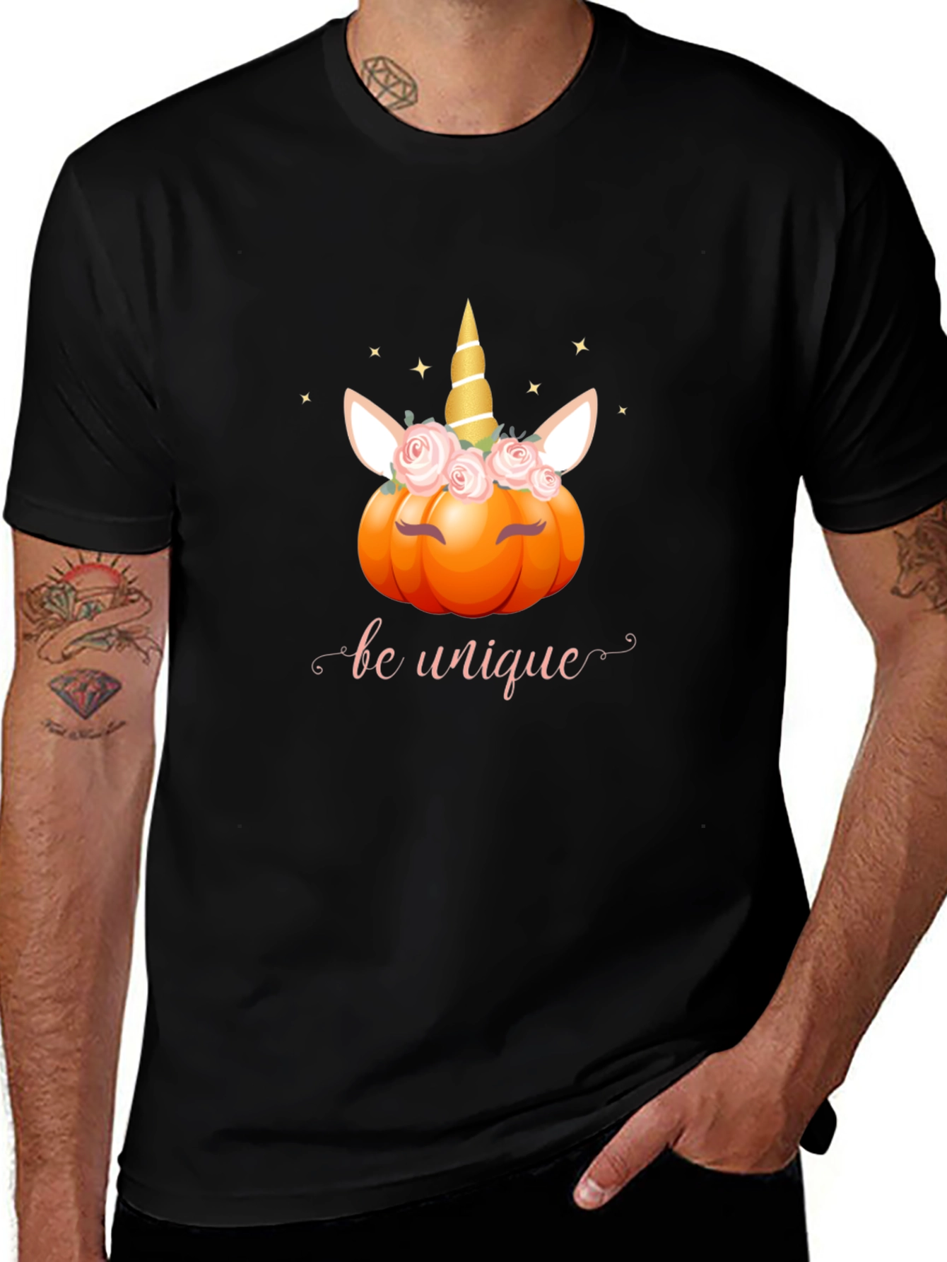 Variant 16 of Unicorn Pumpkin 'Be Unique' Black T-Shirt