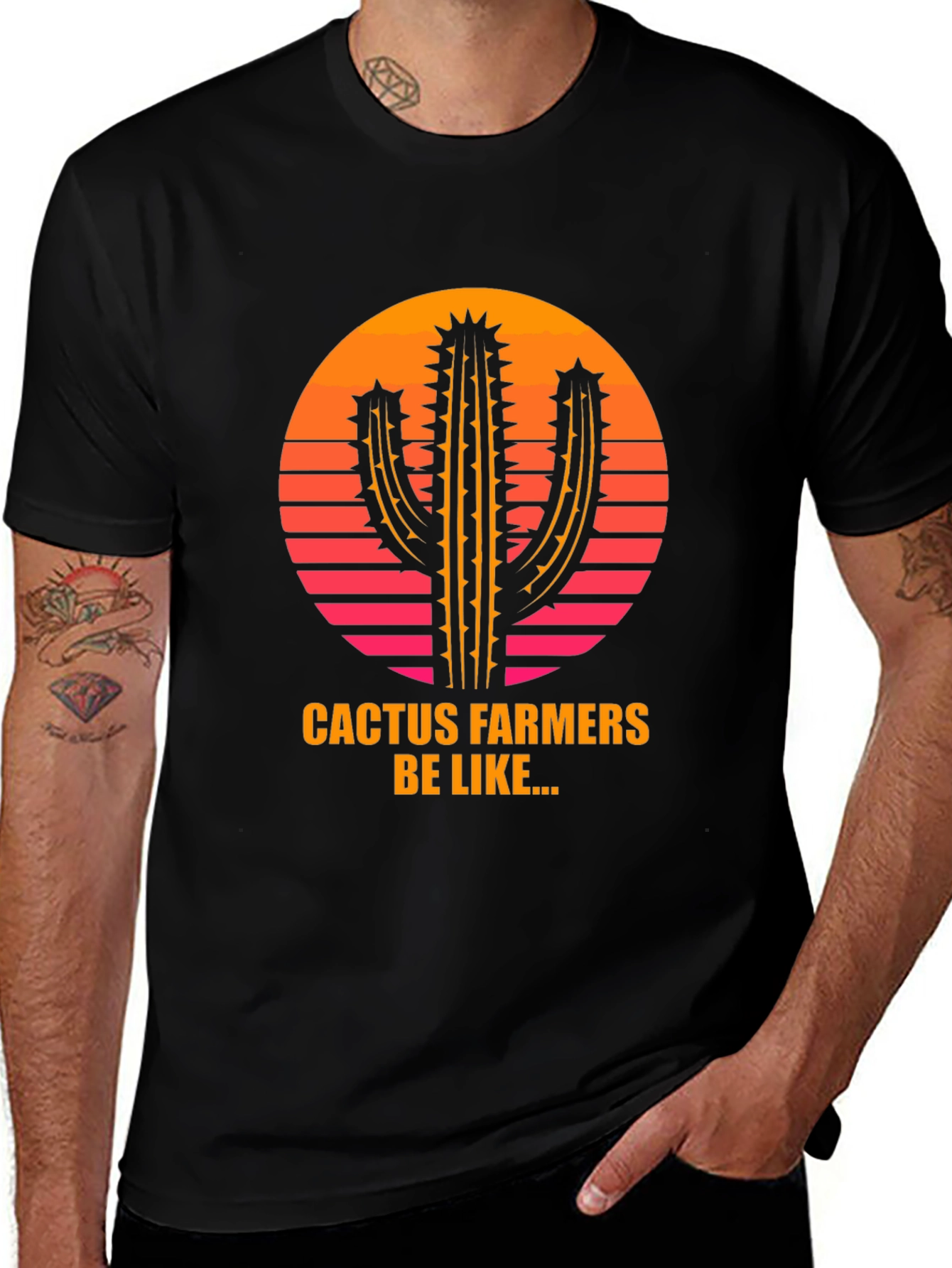 Cactus Farmer Graphic Tee - Retro Sunset Design