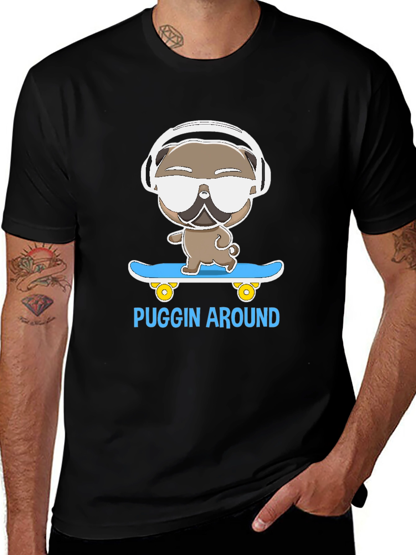 Variant 16 of Puggin' Around T-Shirt - Skateboarding Pug with Headphones