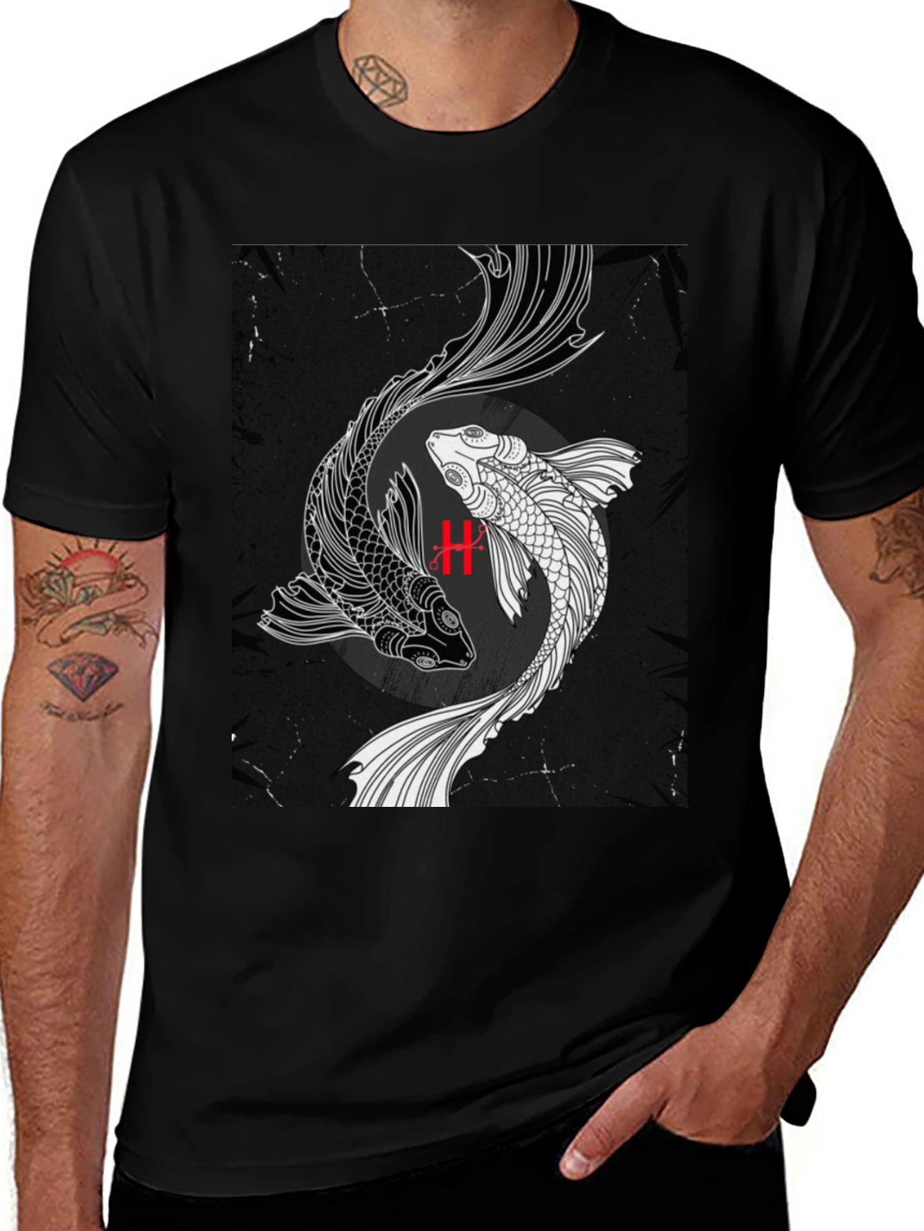 Variant 19 of Yin Yang Koi Fish Graphic Black T-Shirt