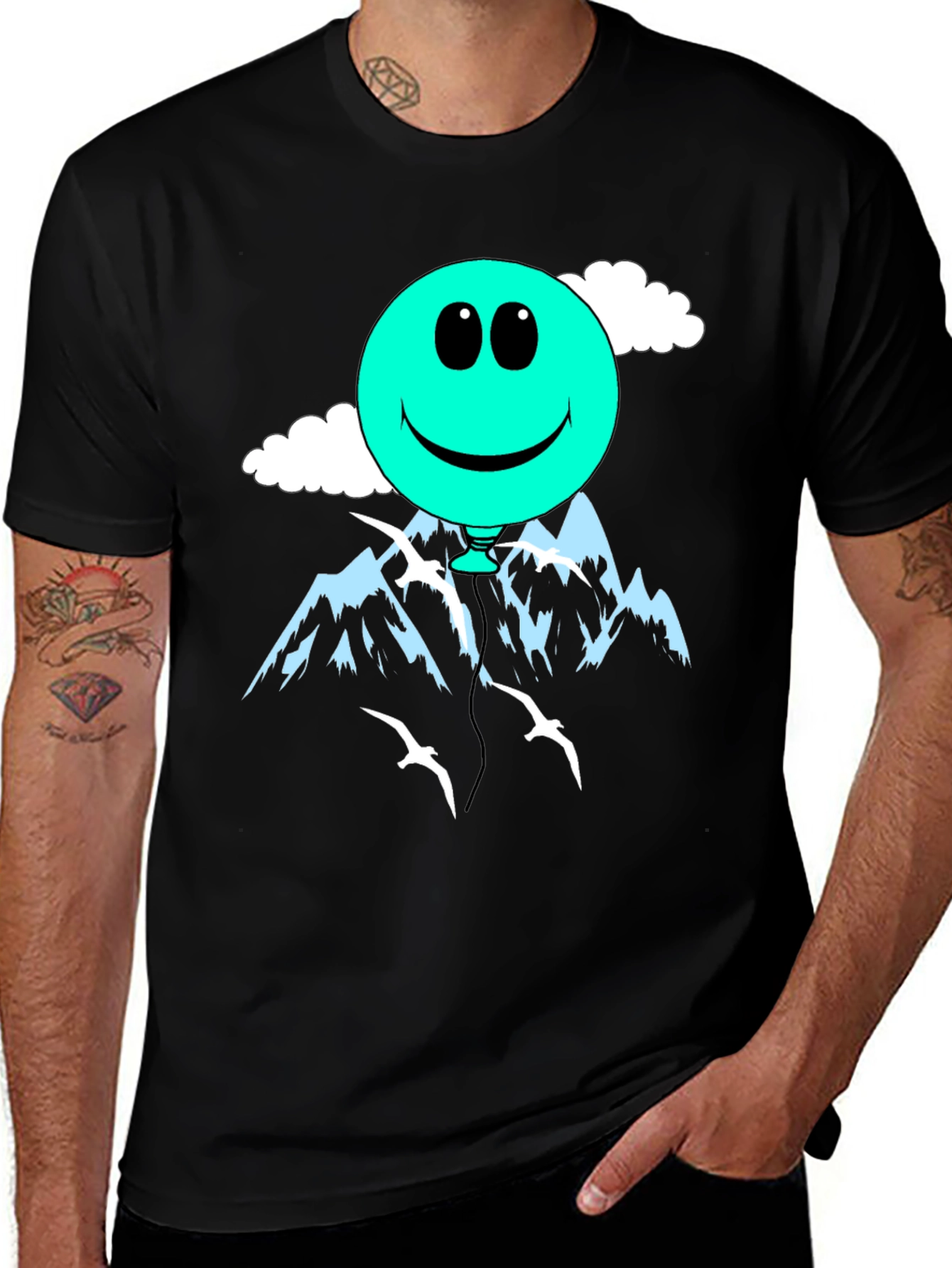 Variant 19 of Smiley Balloon Graphic Tee - Black Cotton T-Shirt