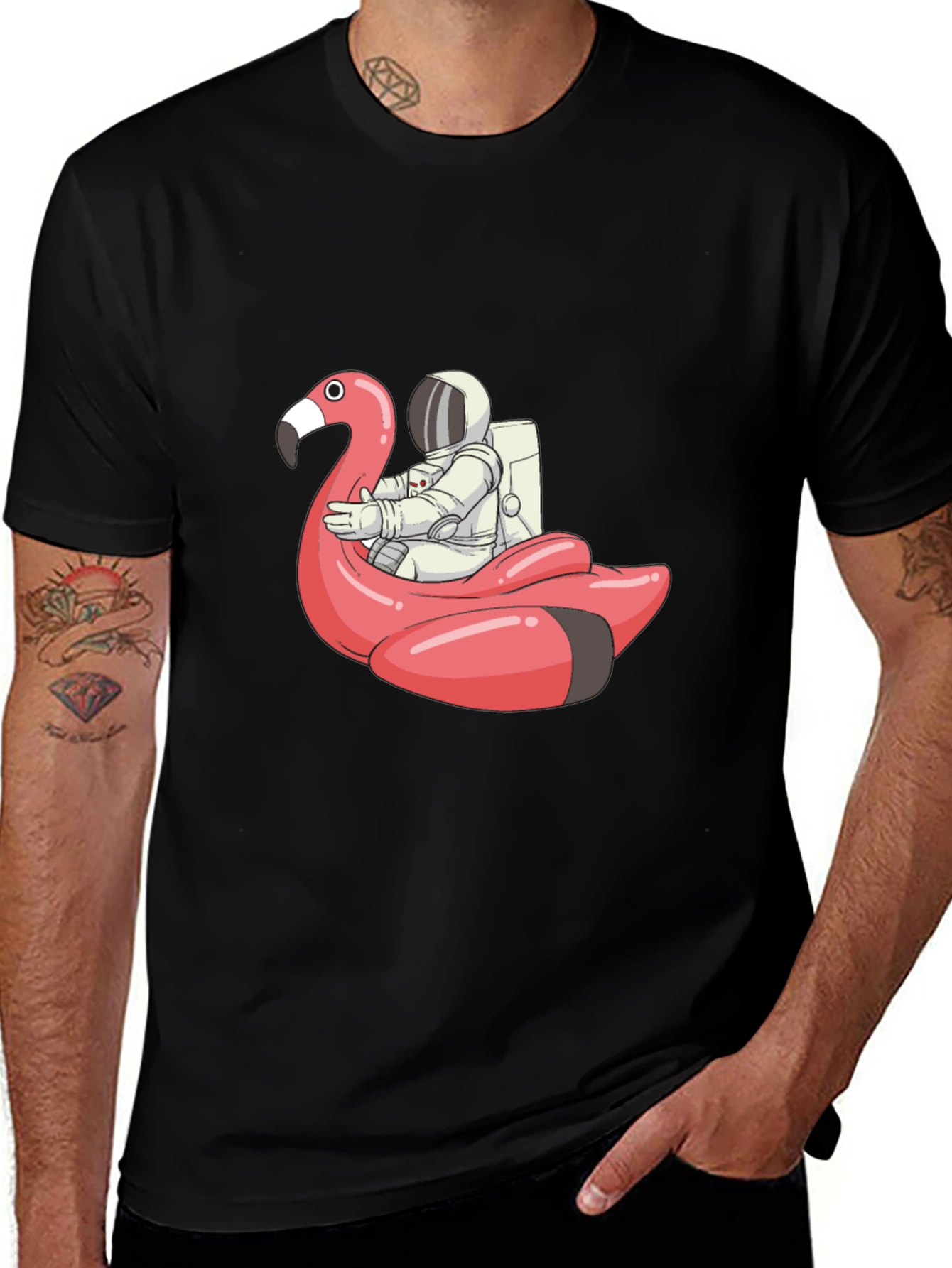 Variant 2 of Astronaut Flamingo T-Shirt - Black Cotton Tee