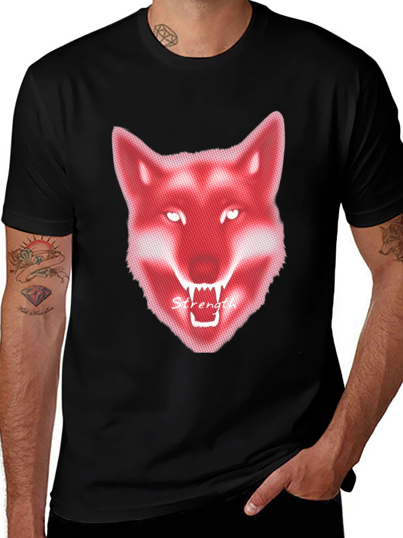 Variant 7 of Men's Black T-Shirt - Red Wolf Graphic - Strength