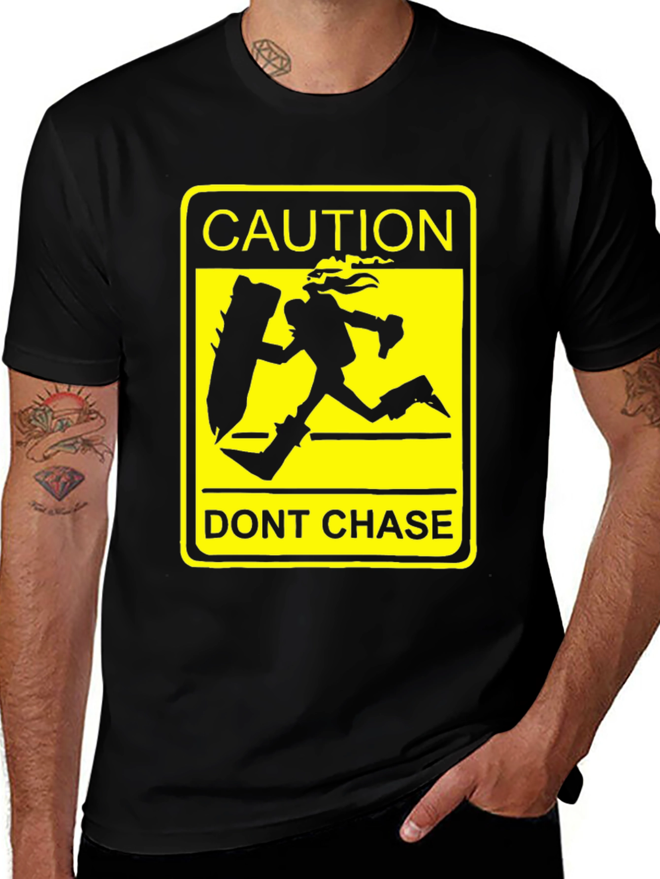 Variant 4 of Caution Dont Chase Black T-Shirt