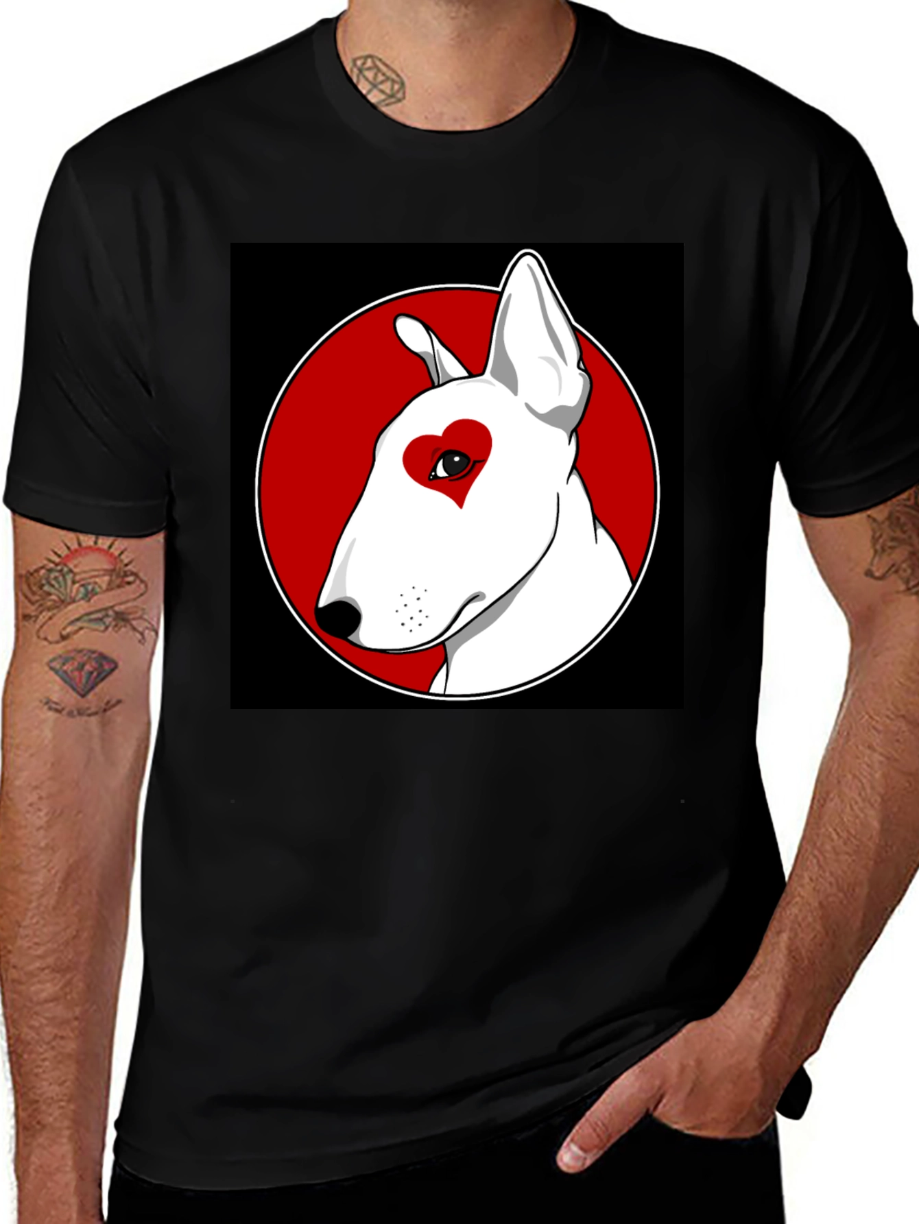 Heart Eye Bull Terrier Graphic Tee - Black Cotton Blend