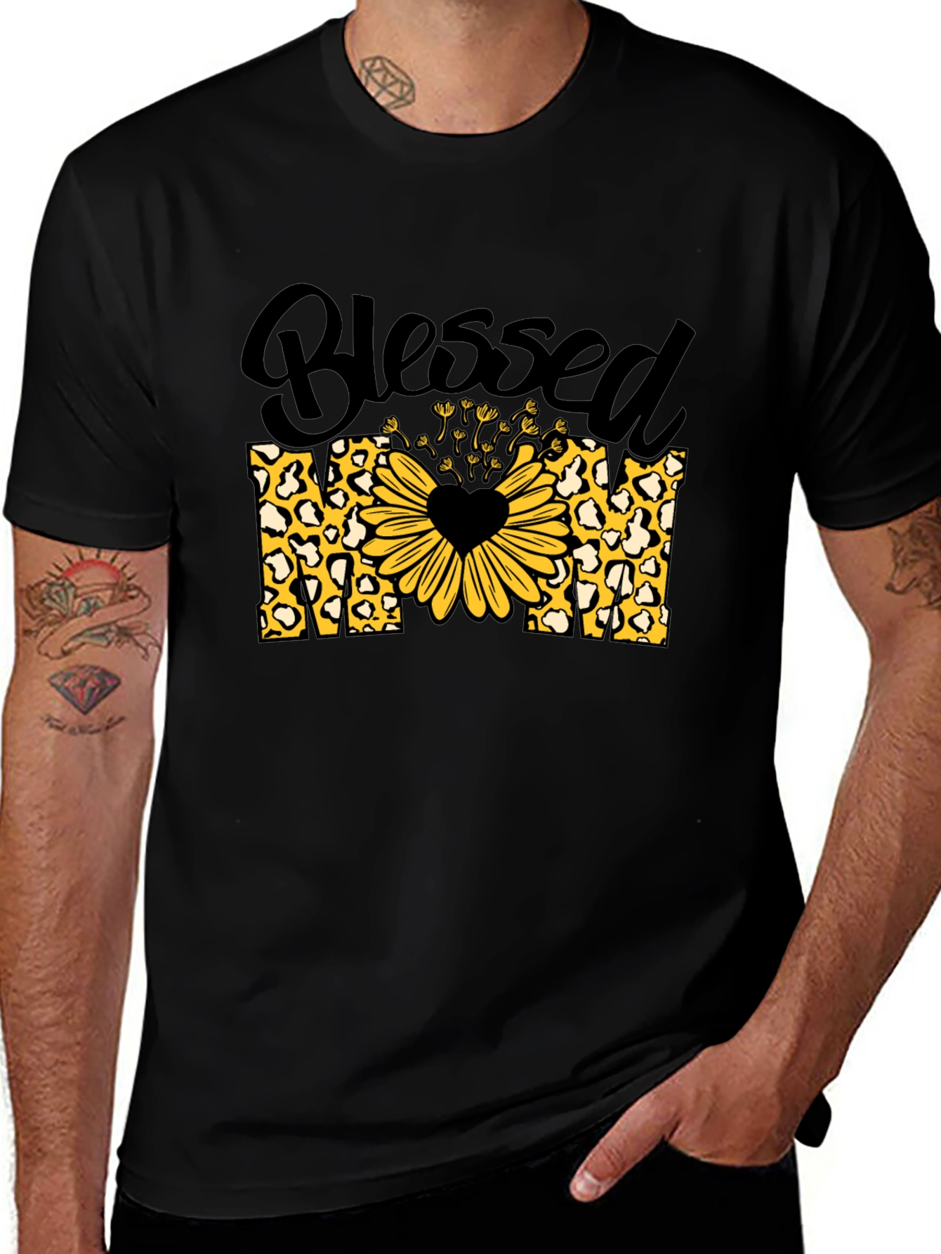 Blessed Mom Leopard Sunflower Graphic T-Shirt