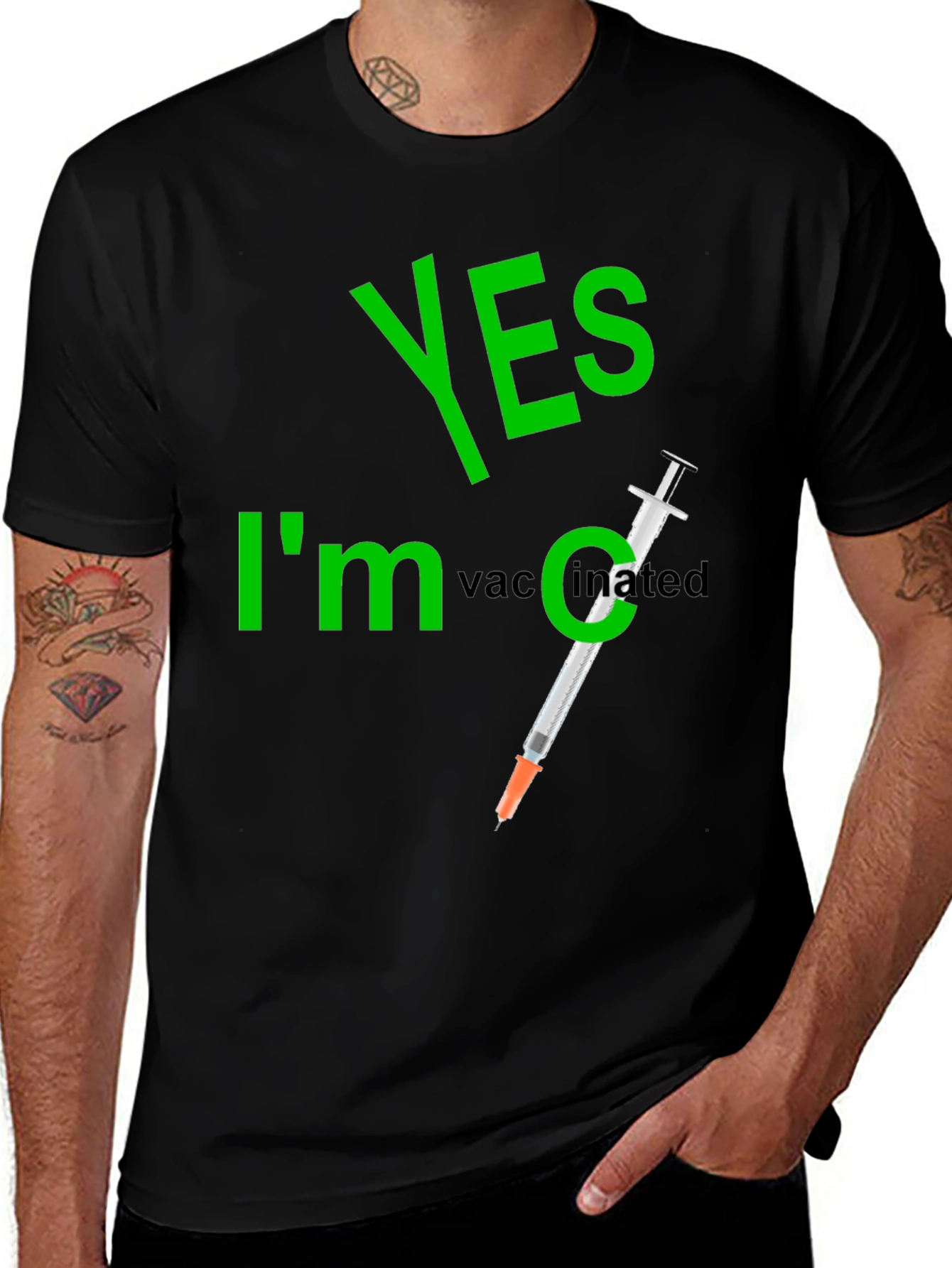 Yes I'm Vaccinated T-Shirt Funny Syringe Black Cotton Tee