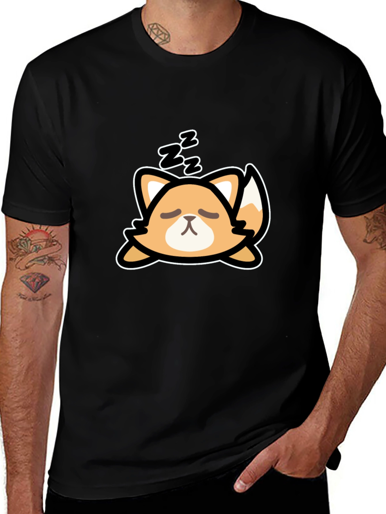 Variant 23 of Cute Sleeping Fox Graphic Tee - Black Cotton T-Shirt