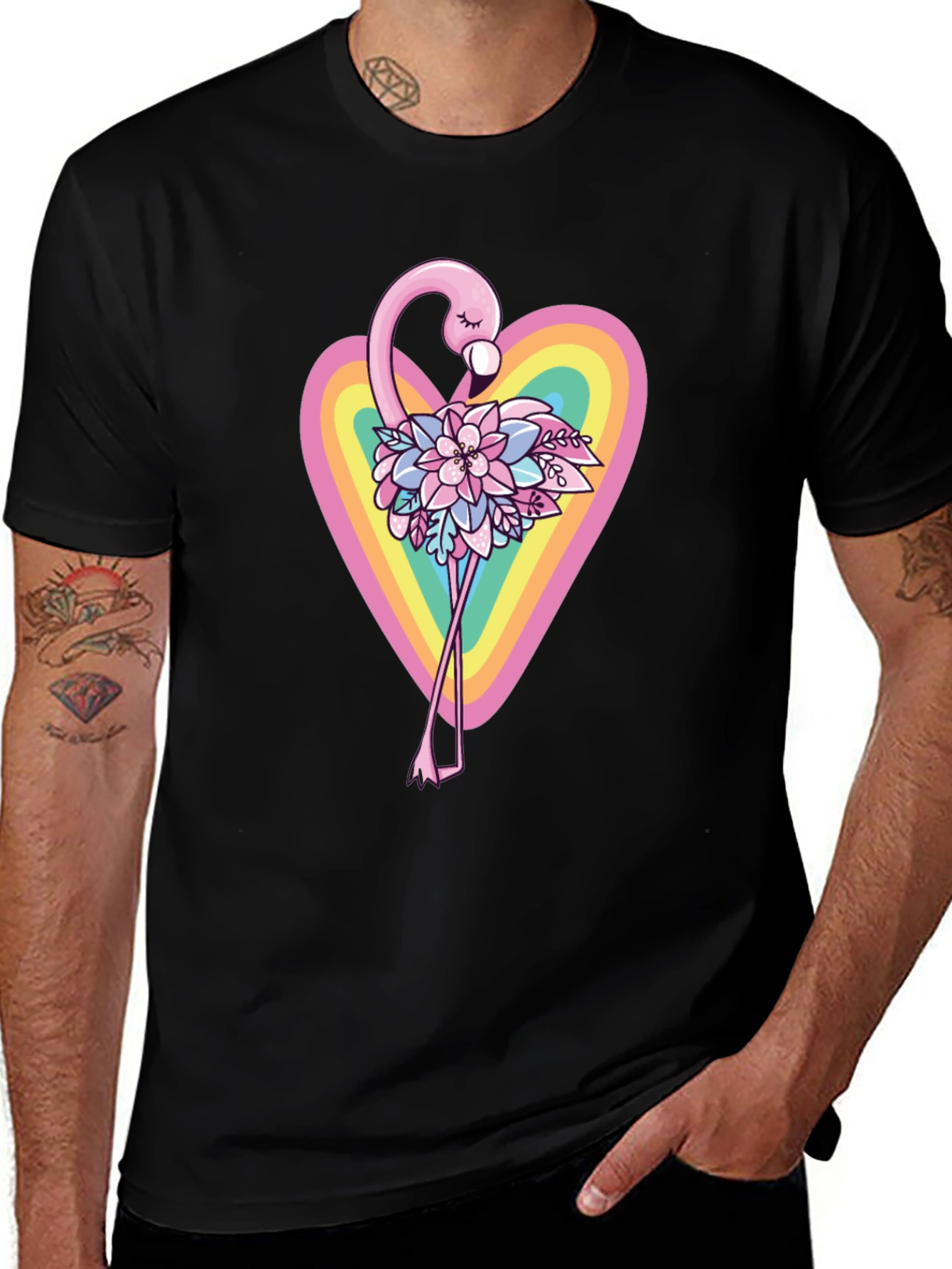Variant 8 of Flamingo Floral Heart Black T-Shirt
