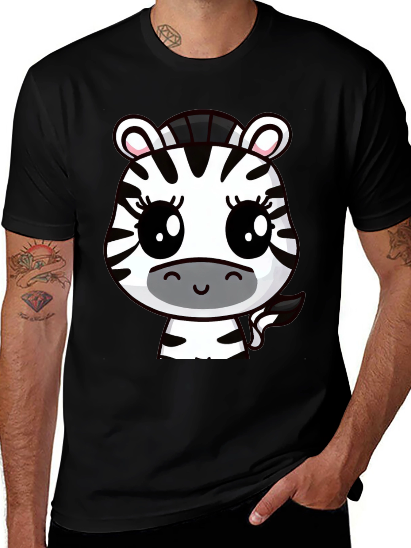 Variant 14 of Cute Cartoon Zebra Graphic T-Shirt - Black Cotton Tee