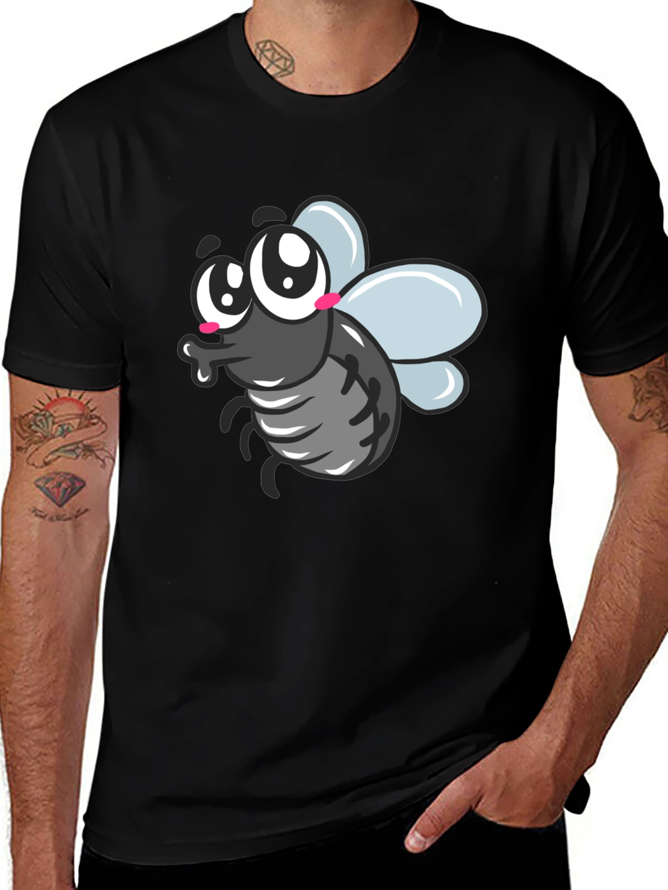 Variant 8 of Cartoon Fly Graphic Tee - Black Cotton T-Shirt