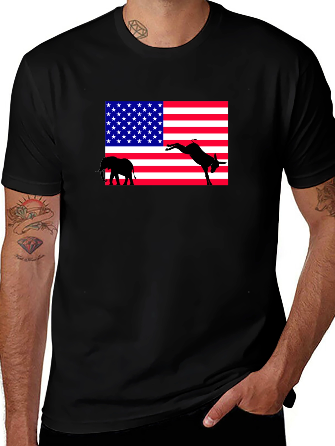 Variant 14 of Political T-Shirt: Elephant & Donkey American Flag