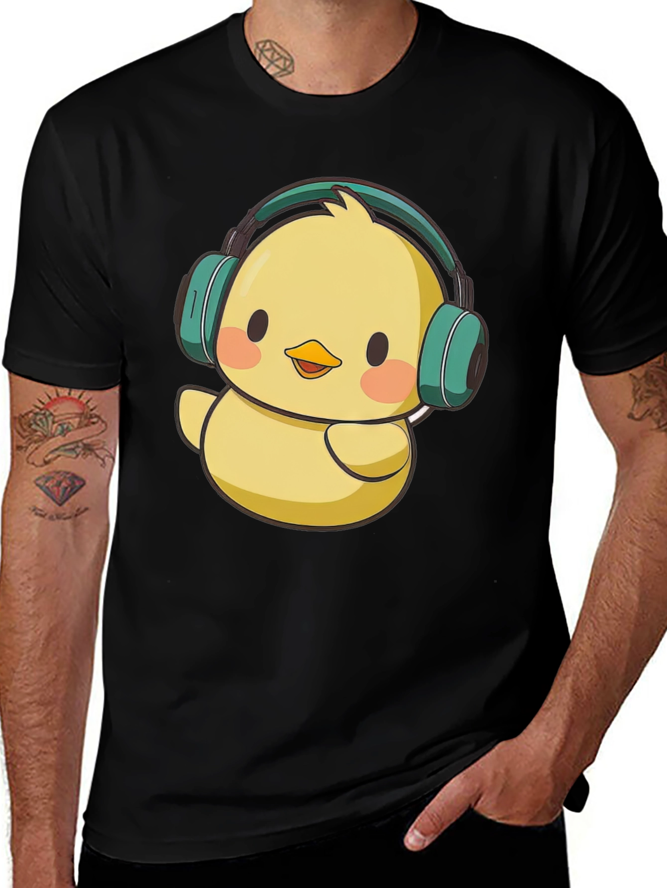 Variant 17 of Cute Chick with Headphones Graphic Tee - Black T-Shirt