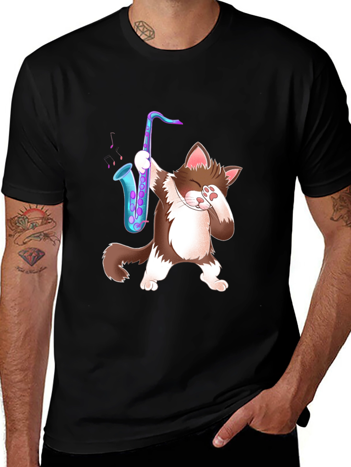 Variant 18 of Cat Dabbing with Saxophone Graphic Tee