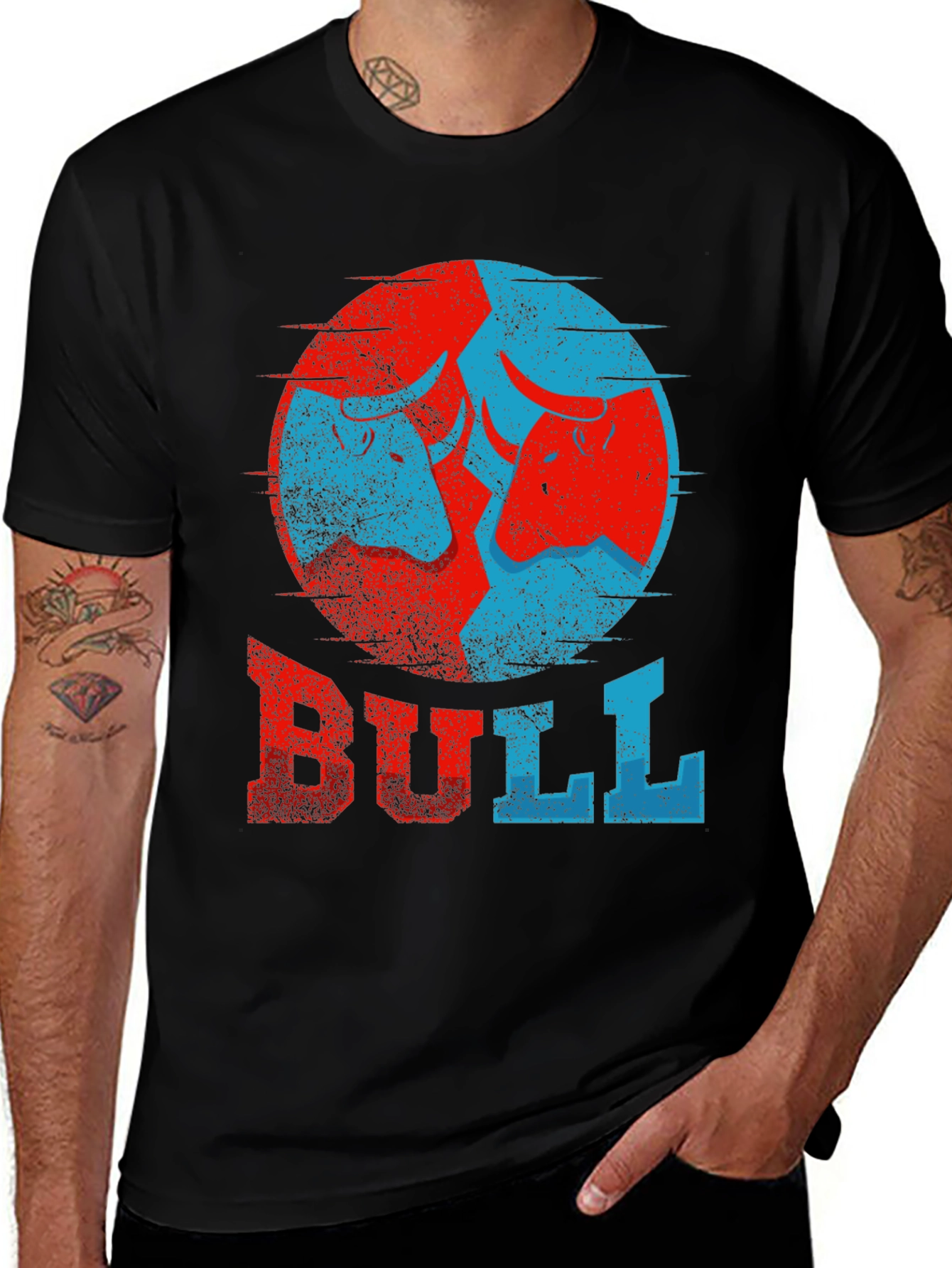 Variant 8 of Distressed Bull Graphic Tee - Red & Blue