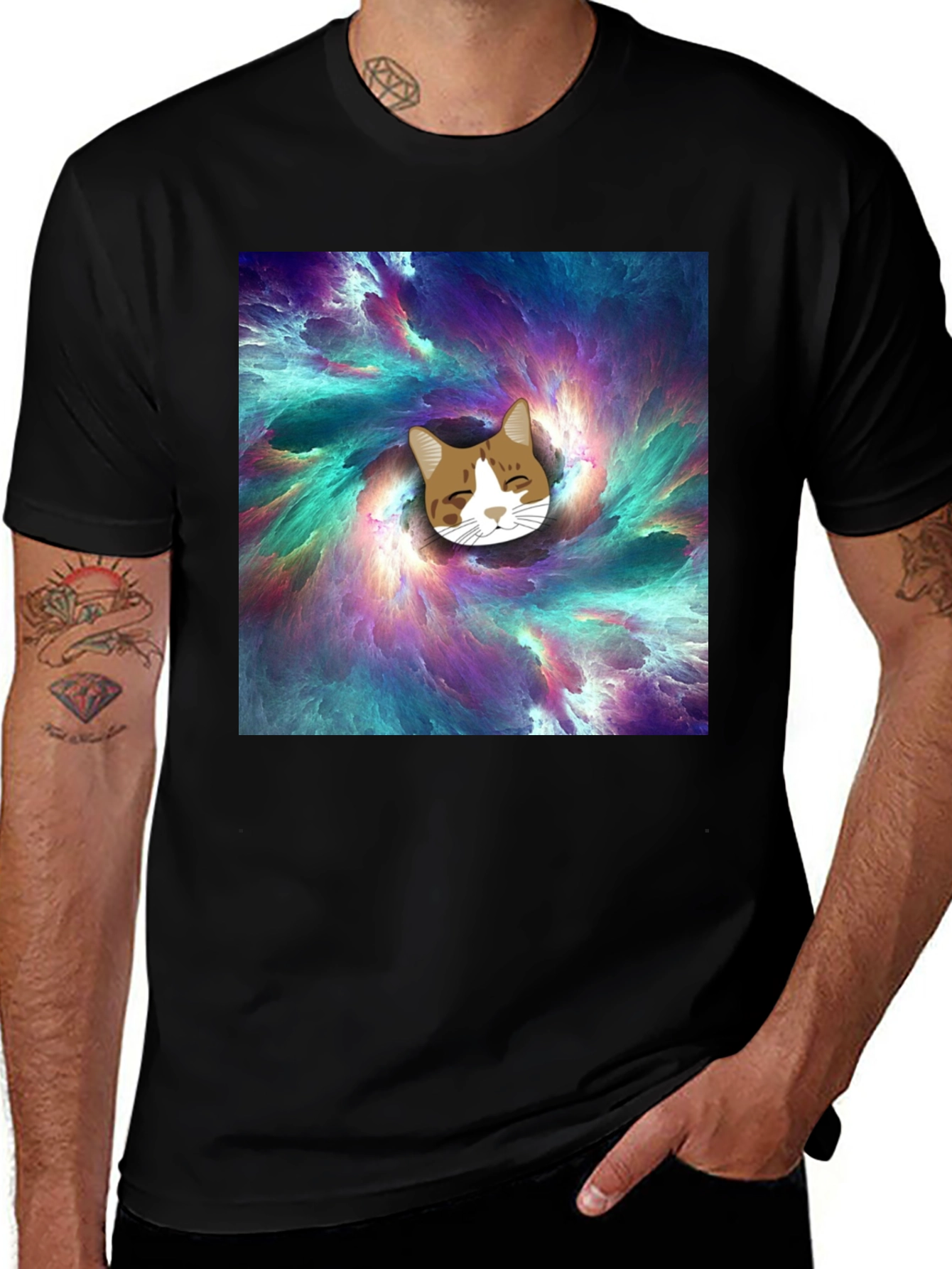 Variant 26 of Cosmic Cat T-Shirt - Black Crew Neck Tee