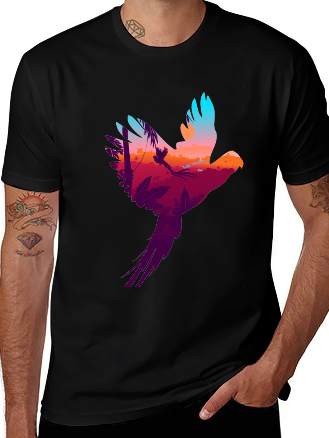 Variant 4 of Tropical Bird Silhouette Graphic Tee - Black